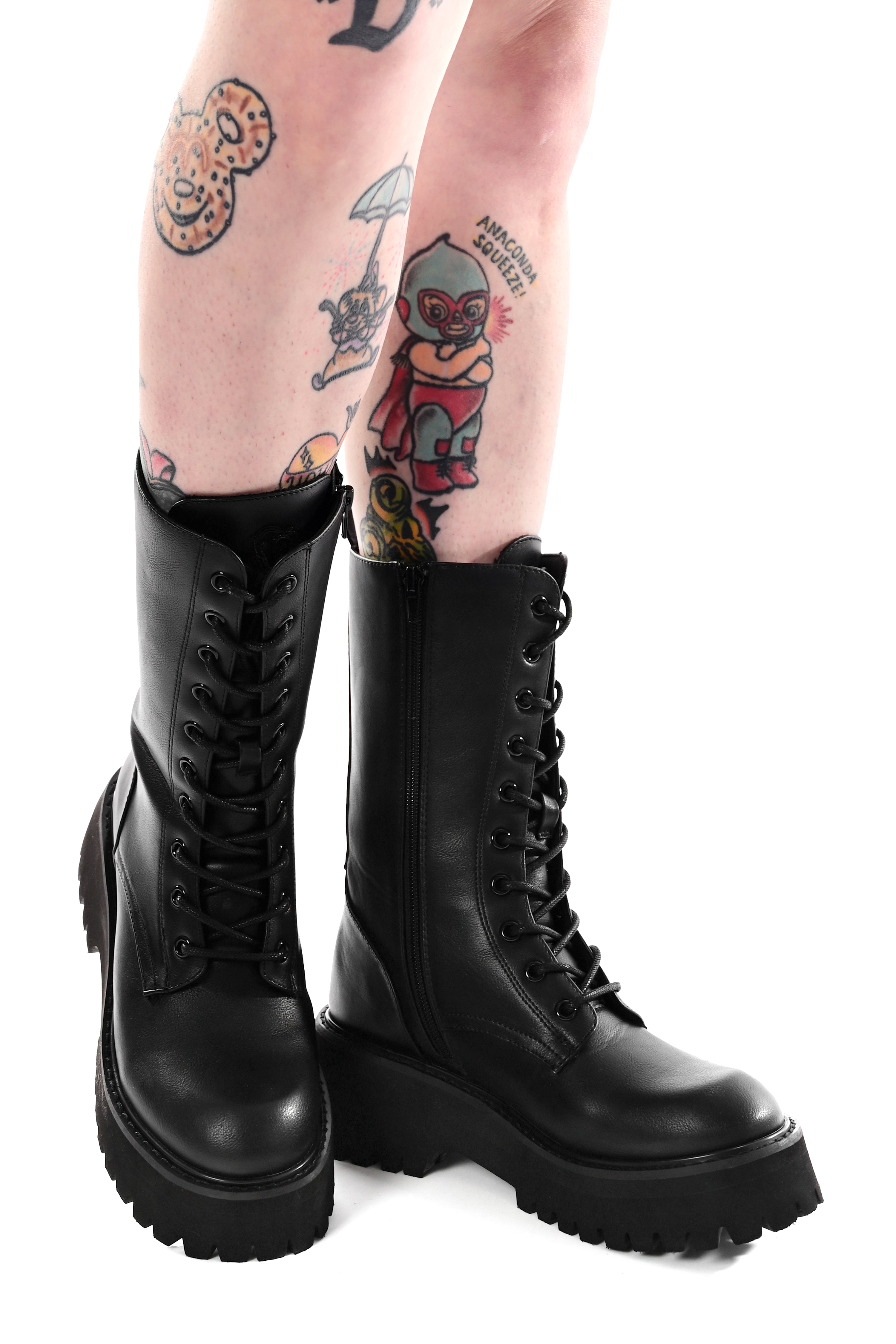 black vegan leather combat boots with lace up front and chunky platform sole