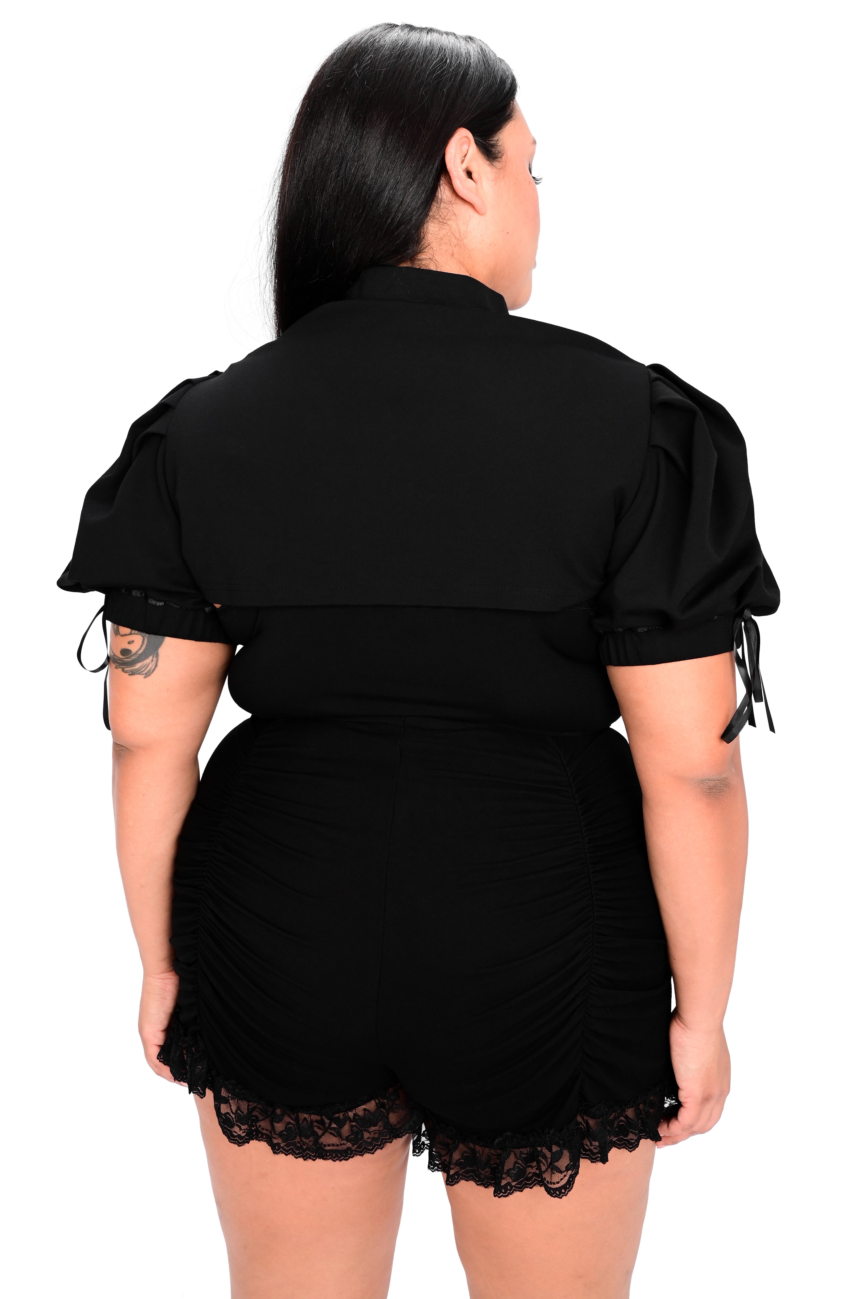 black puff sleeve bolero with ribbon details and 3 button closures on front