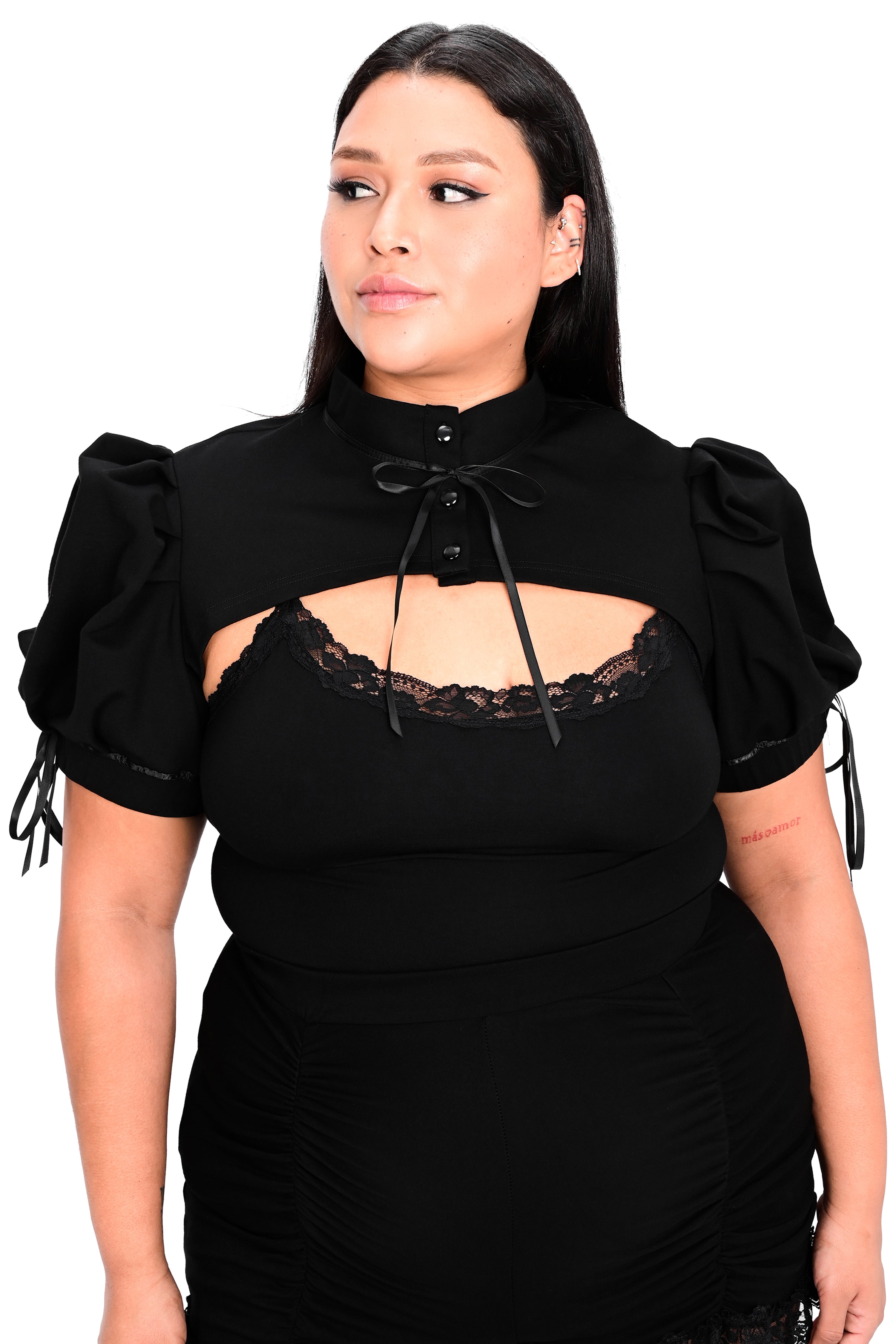 black puff sleeve bolero with ribbon details and 3 button closures on front