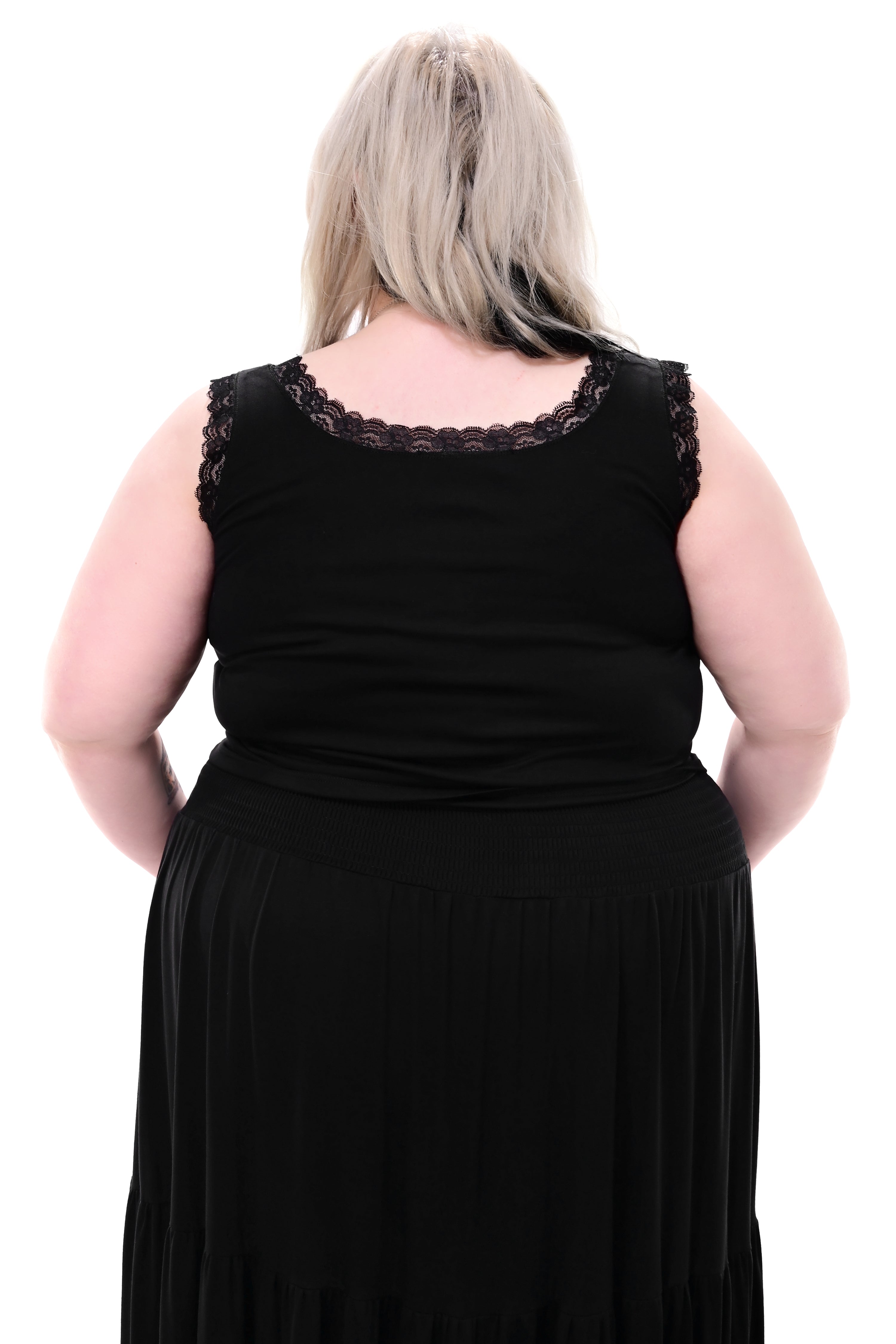 black sleeveless top with lace trim