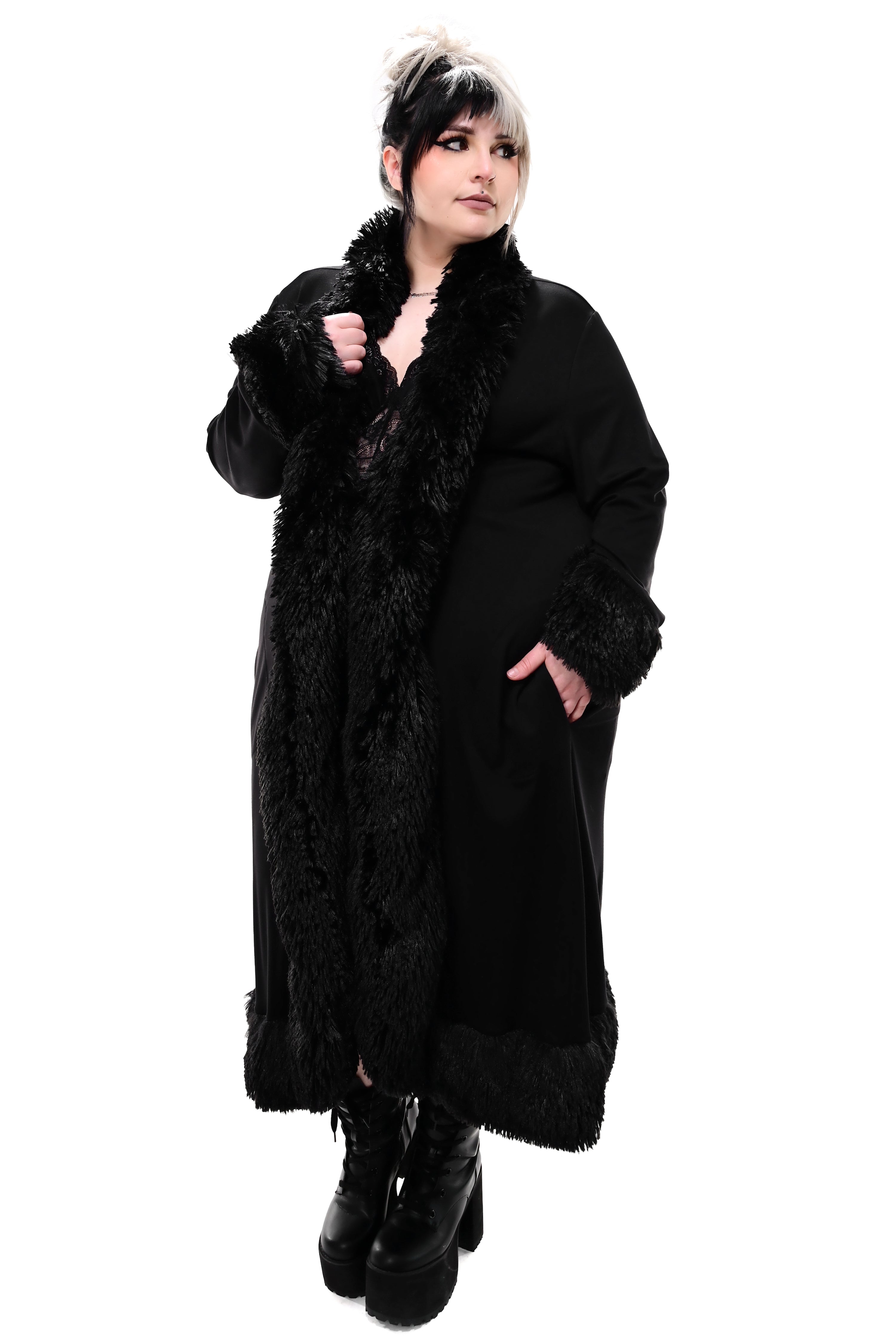 black duster jacket with black faux fur trim