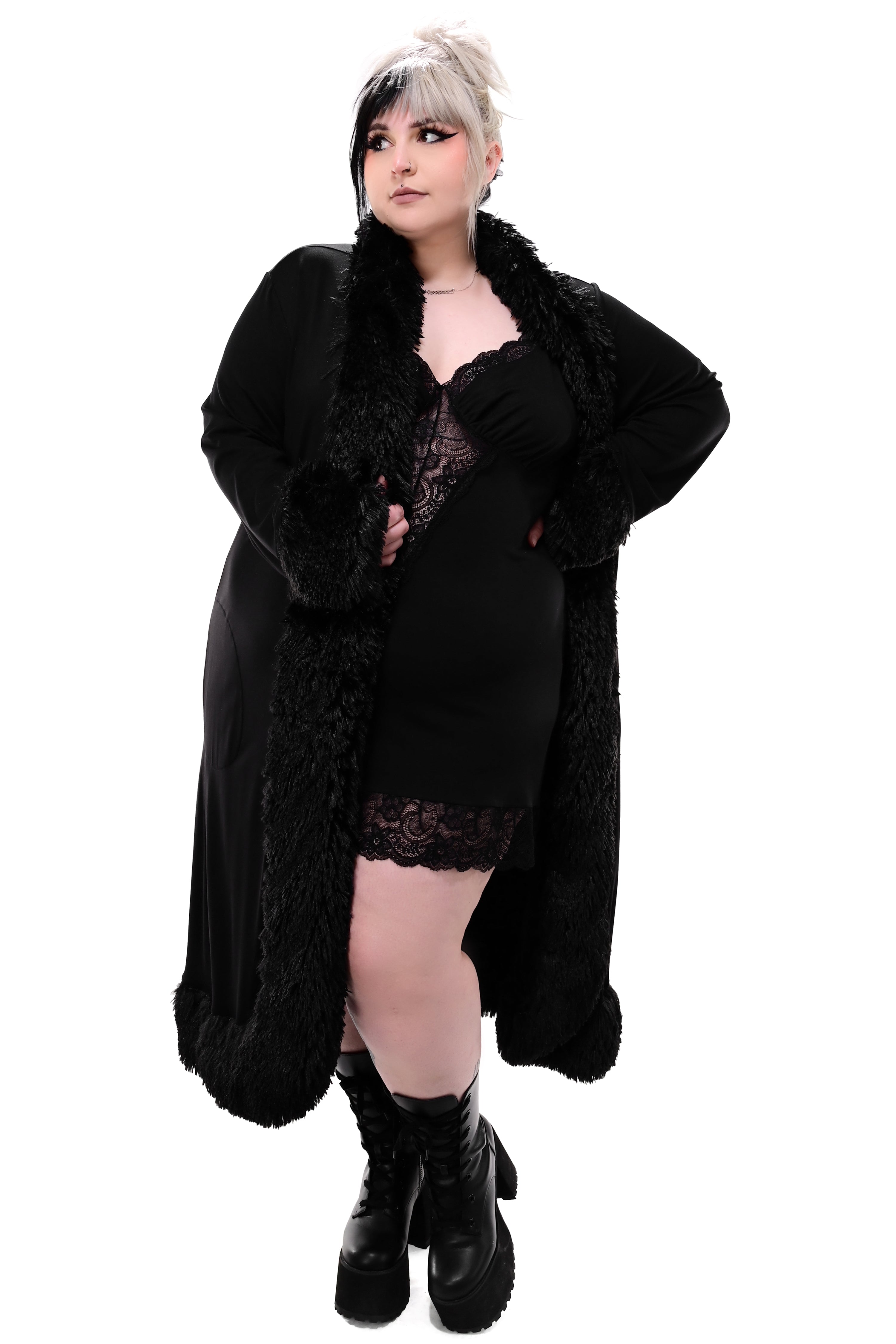 black duster jacket with black faux fur trim