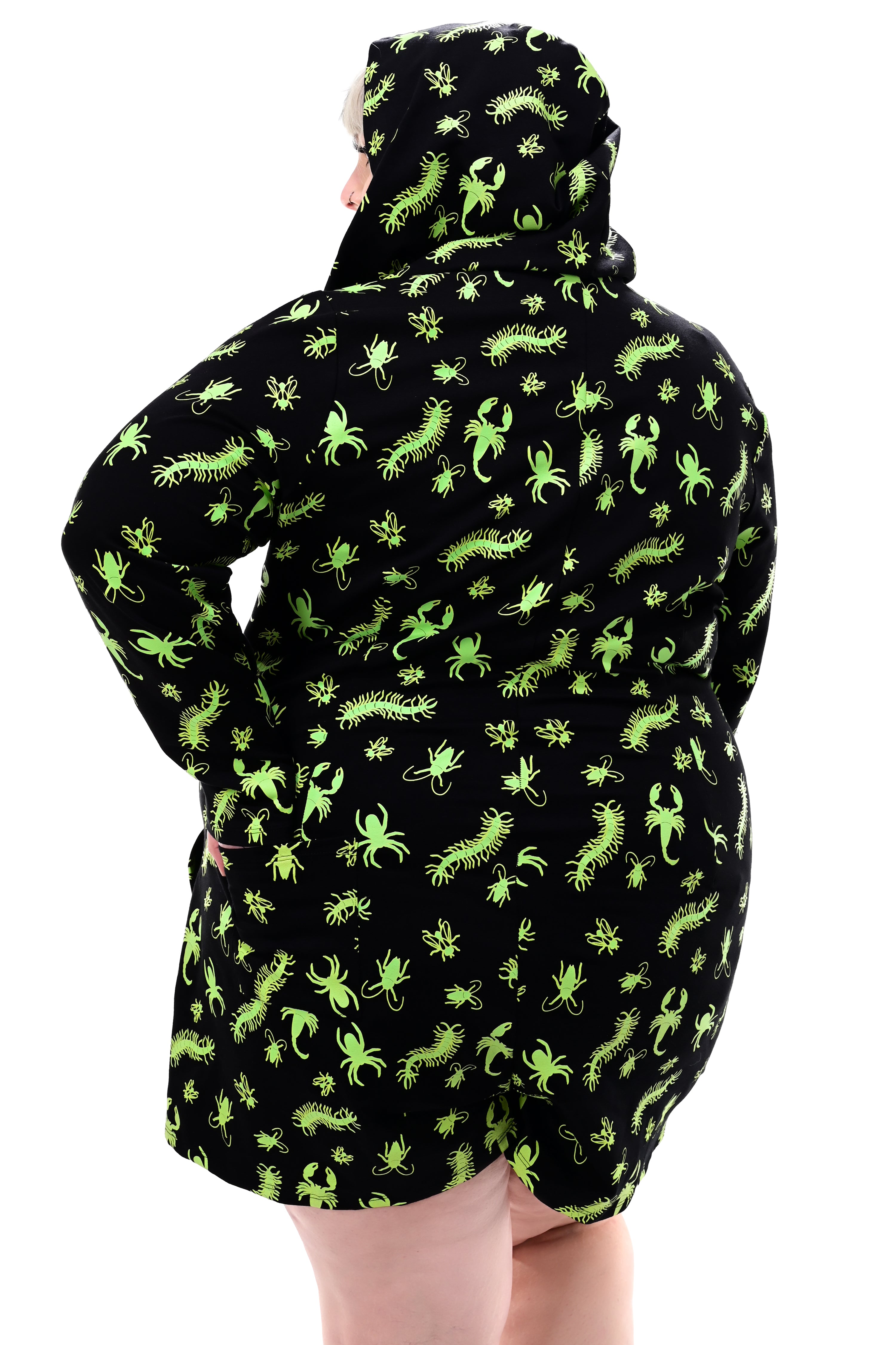black long sleeve roper with green glow in the dark bugs print, zip up front and a hood