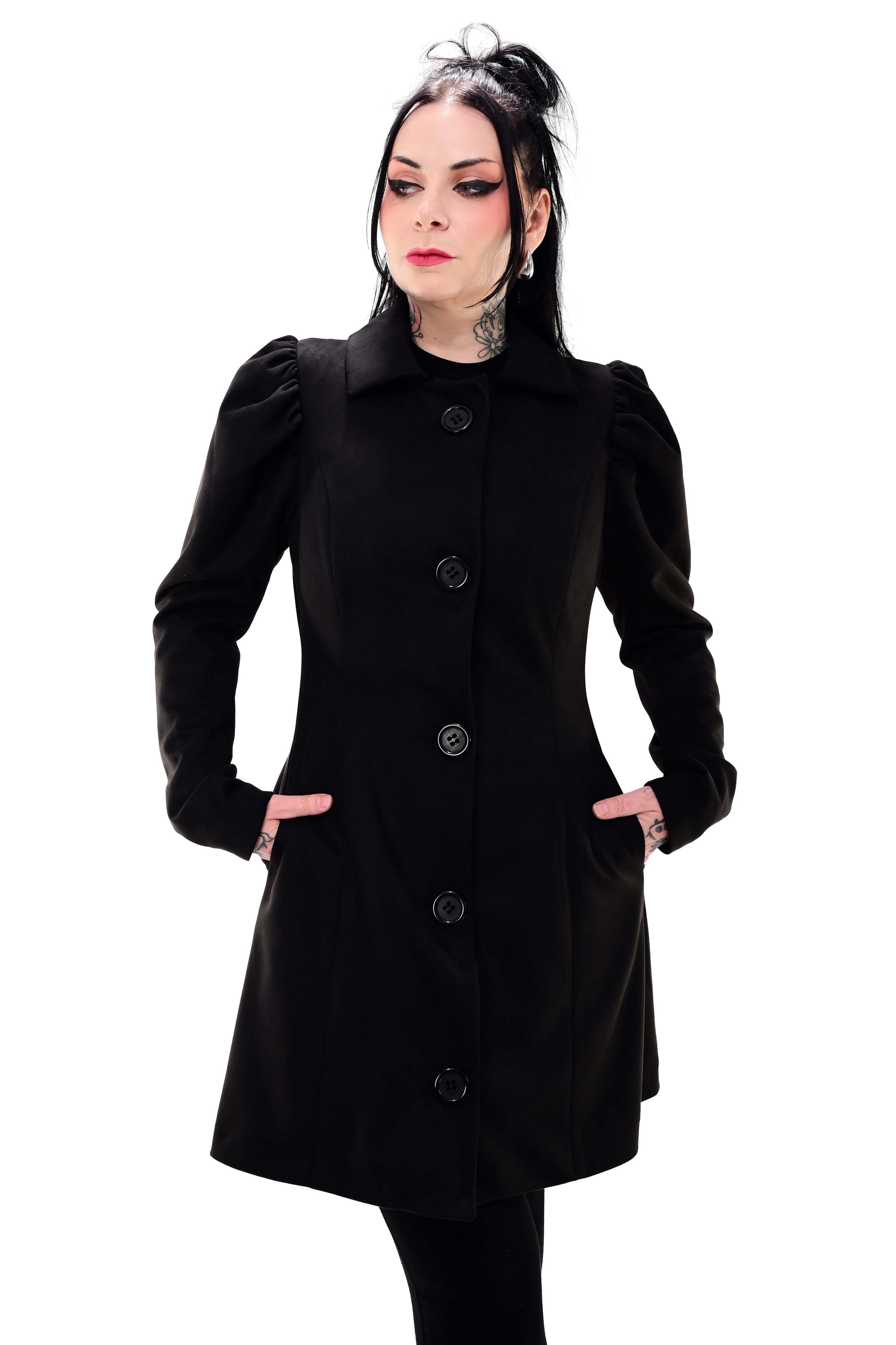 black faux suede button up coat with puff sleeves and collar