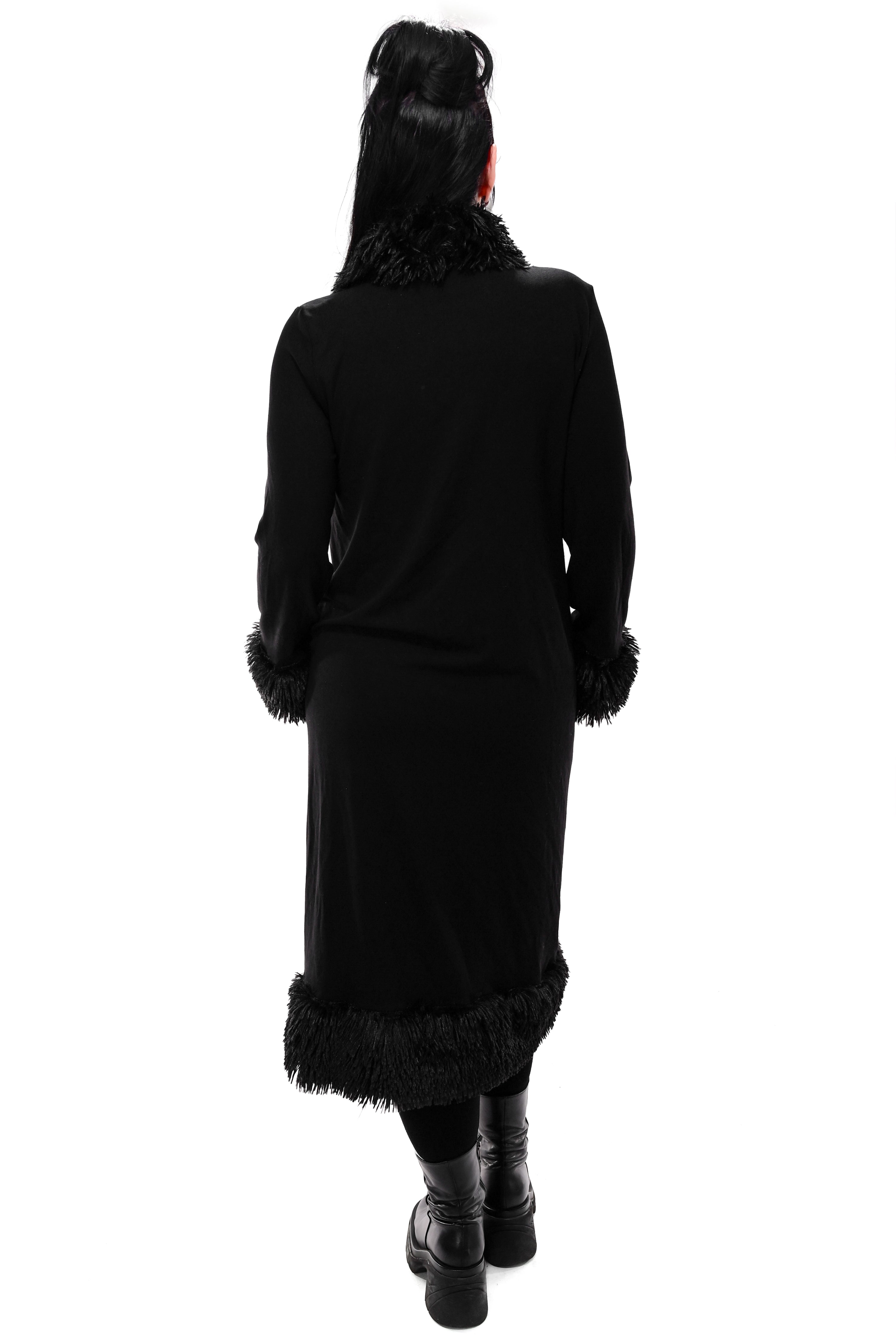 black duster jacket with black faux fur trim