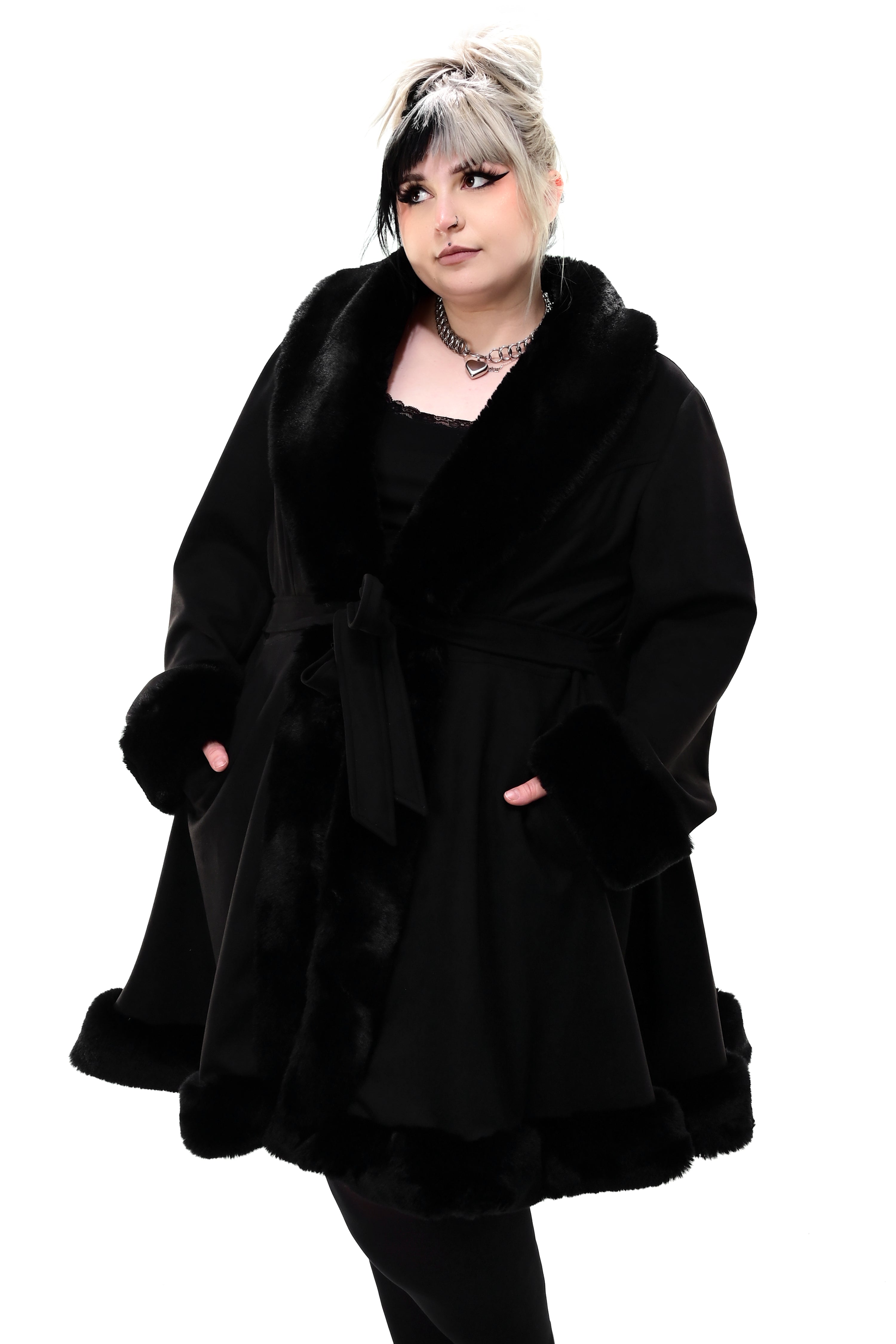 black faux suede coat with faux fur trim on the cuffs, lapel and bottom hem