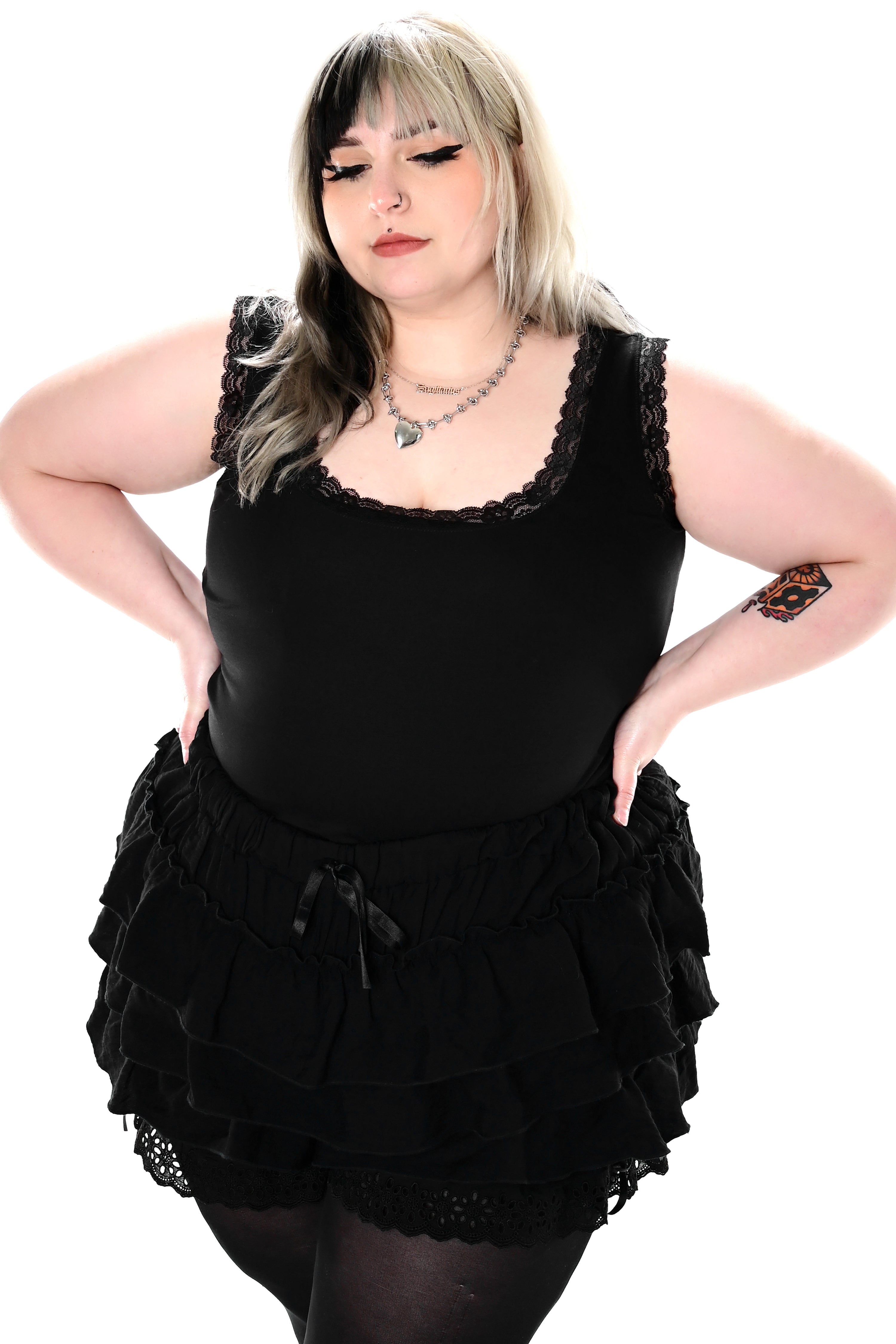 black sleeveless top with lace trim