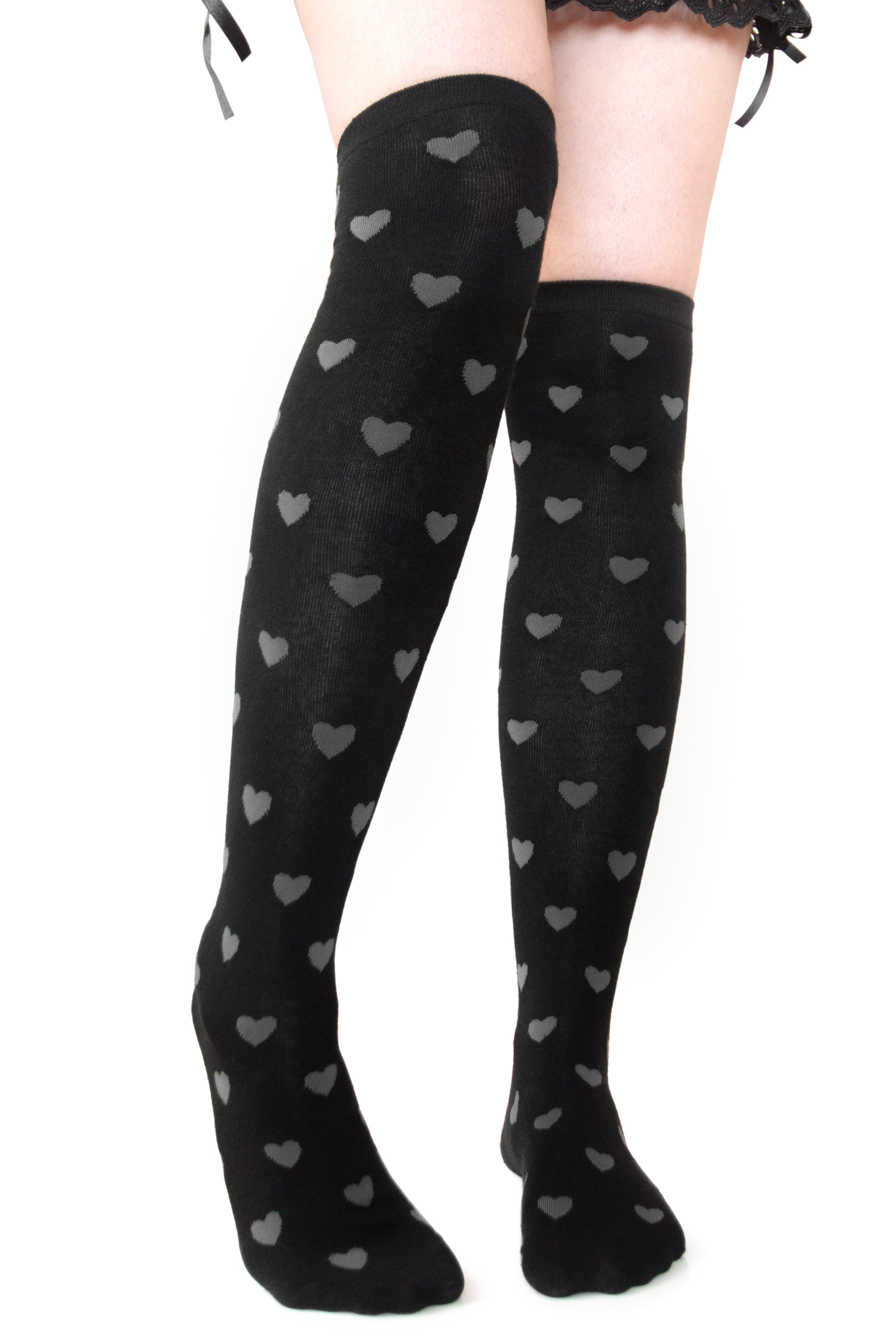 Dark Valentine Over Knee Socks - Grey Hearts