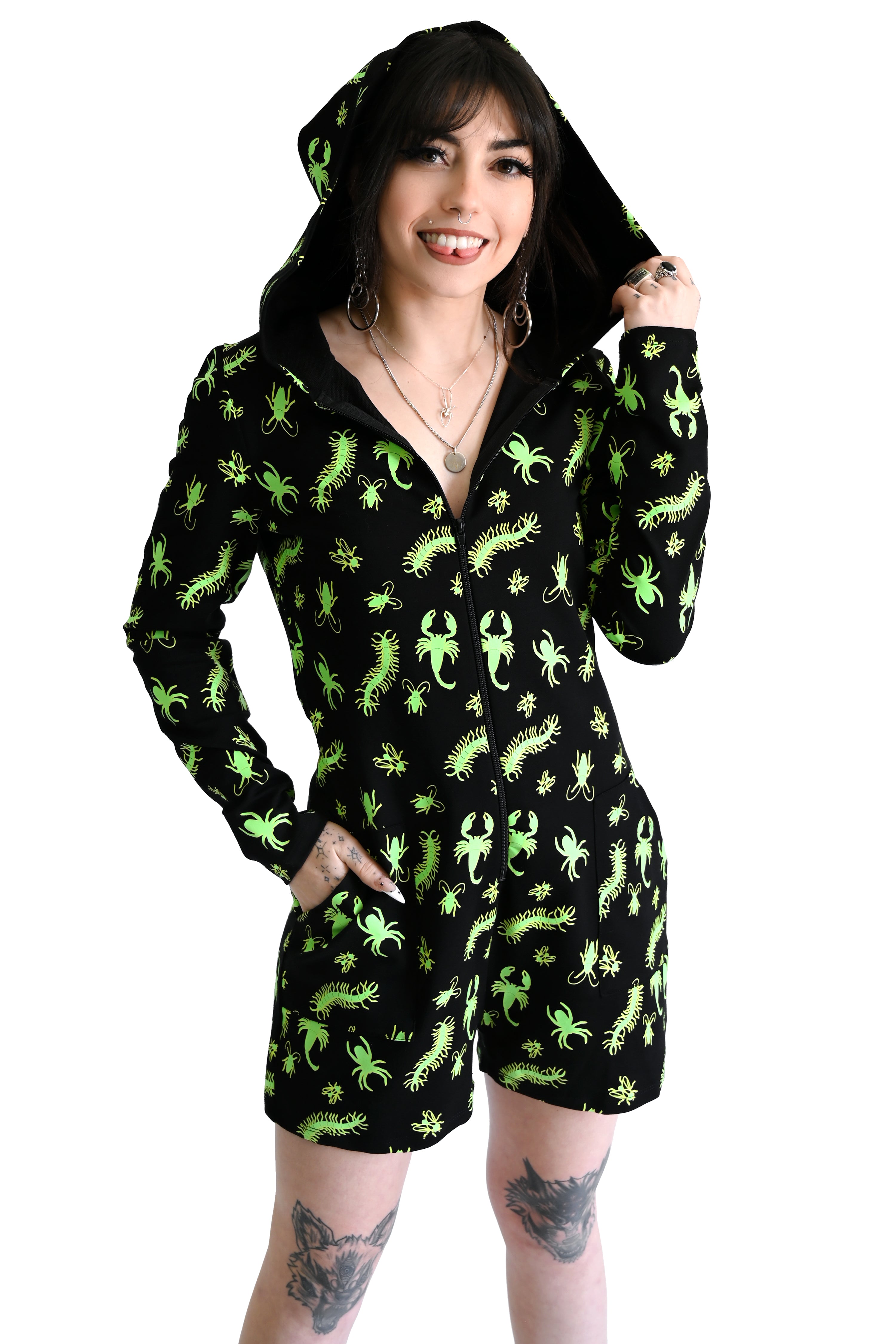 black long sleeve roper with green glow in the dark bugs print, zip up front and a hood