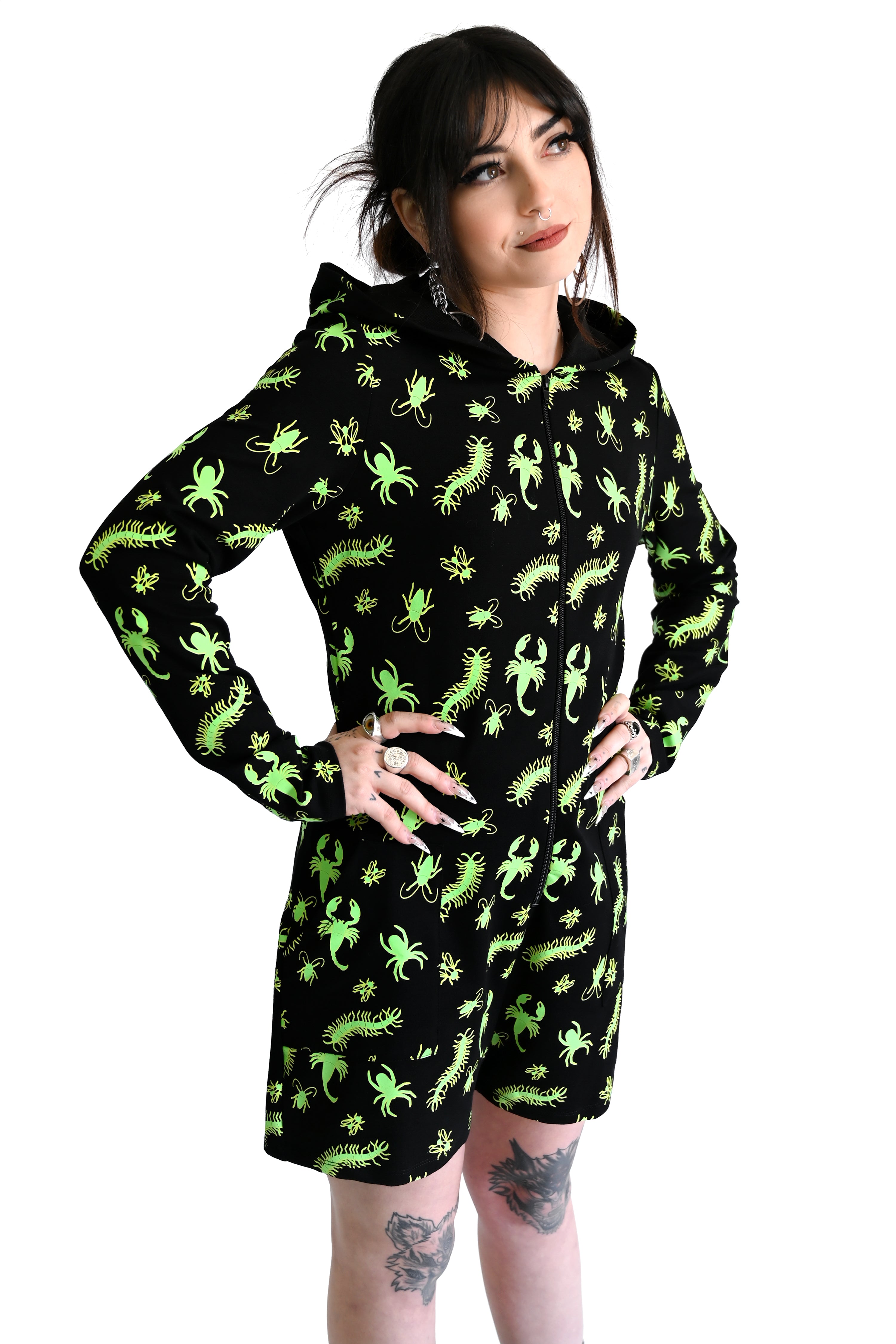 black long sleeve roper with green glow in the dark bugs print, zip up front and a hood