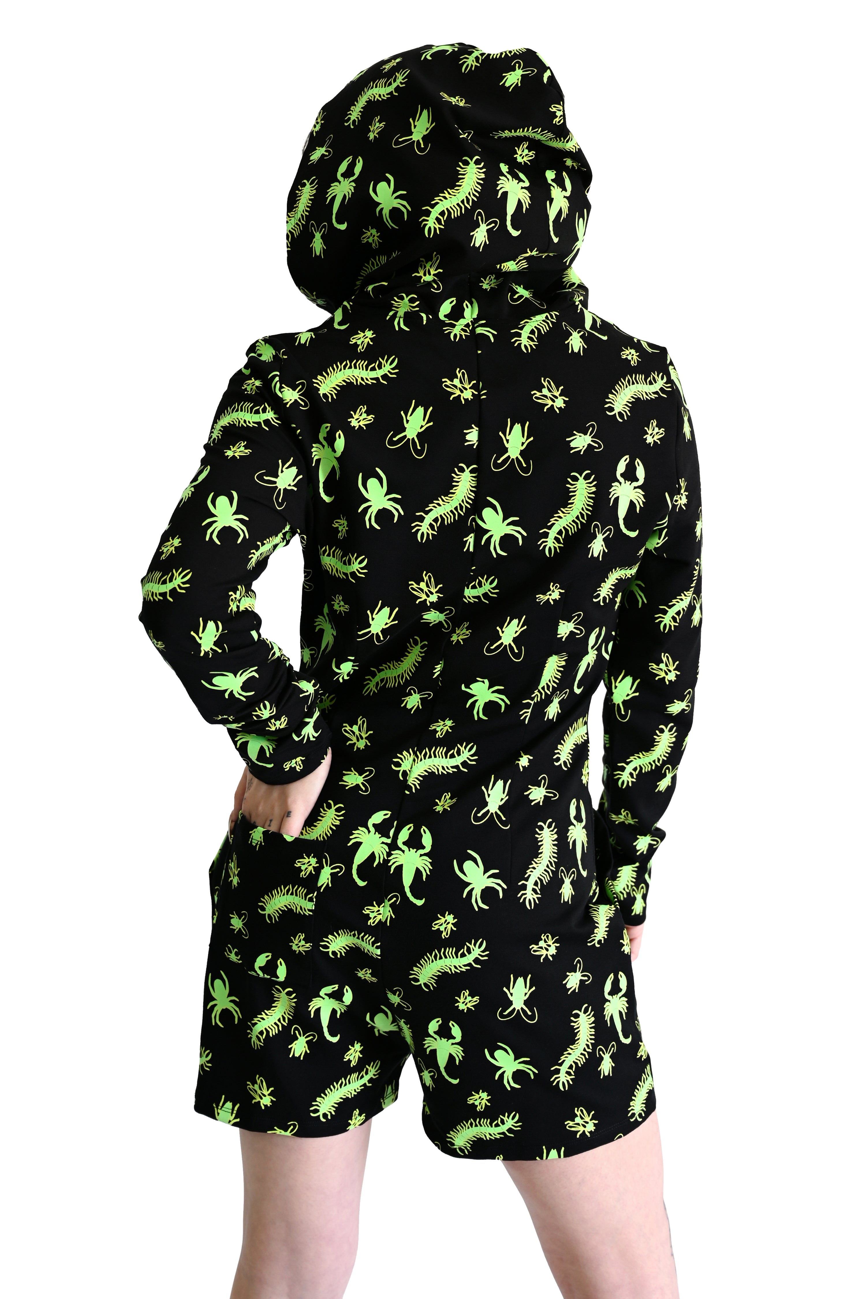 black long sleeve roper with green glow in the dark bugs print, zip up front and a hood