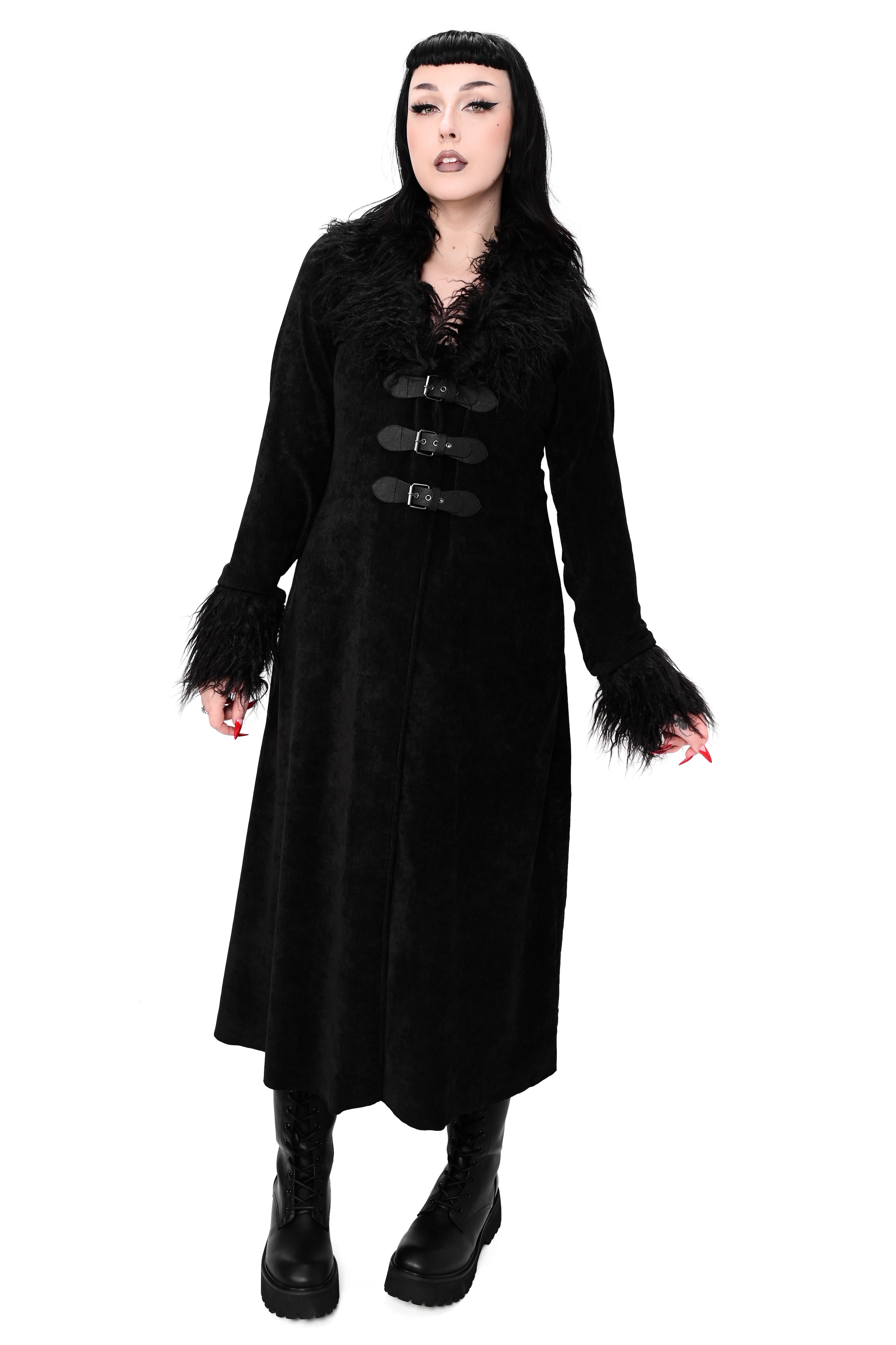 black long sleeve chenille duster with faux fur trim and 3 vegan leather buckles across the front