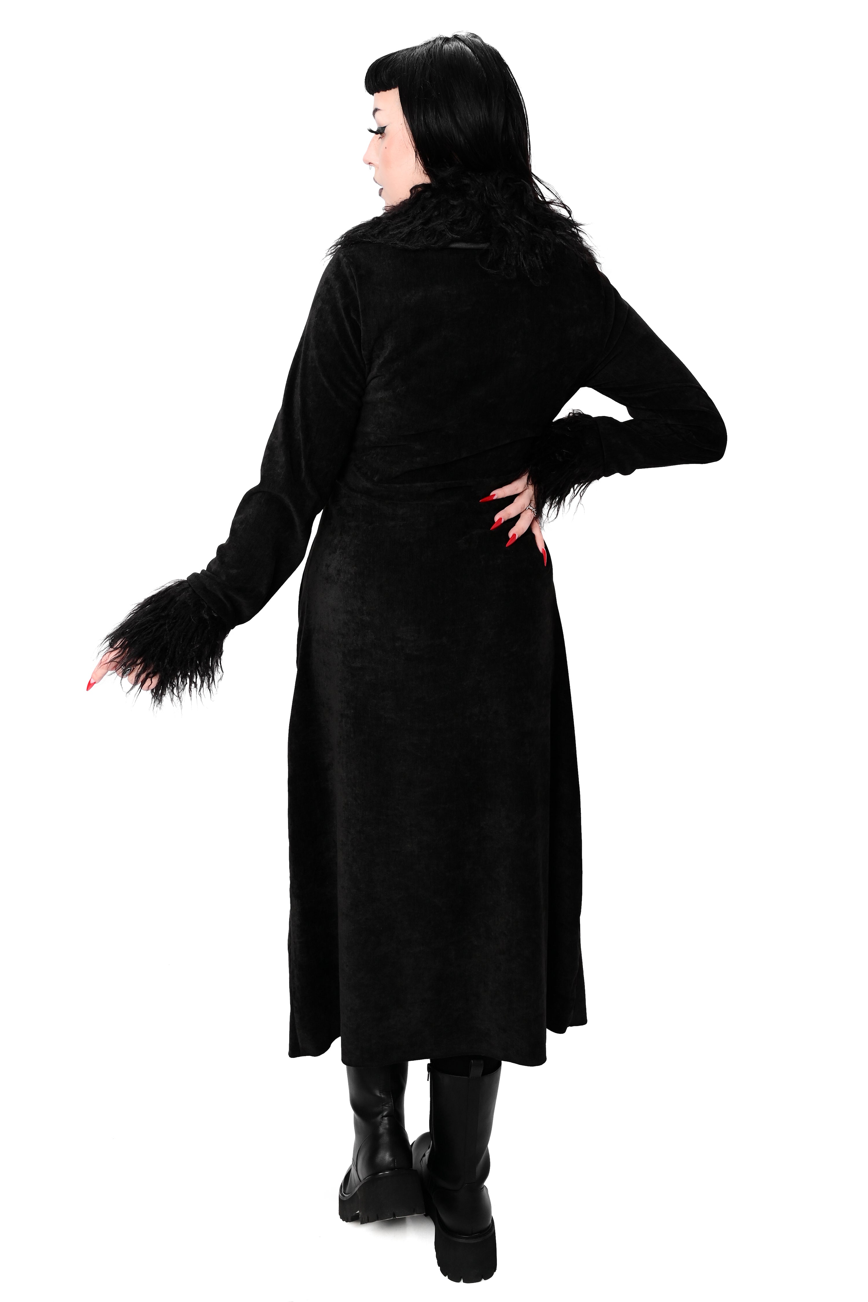 black long sleeve chenille duster with faux fur trim and 3 vegan leather buckles across the front