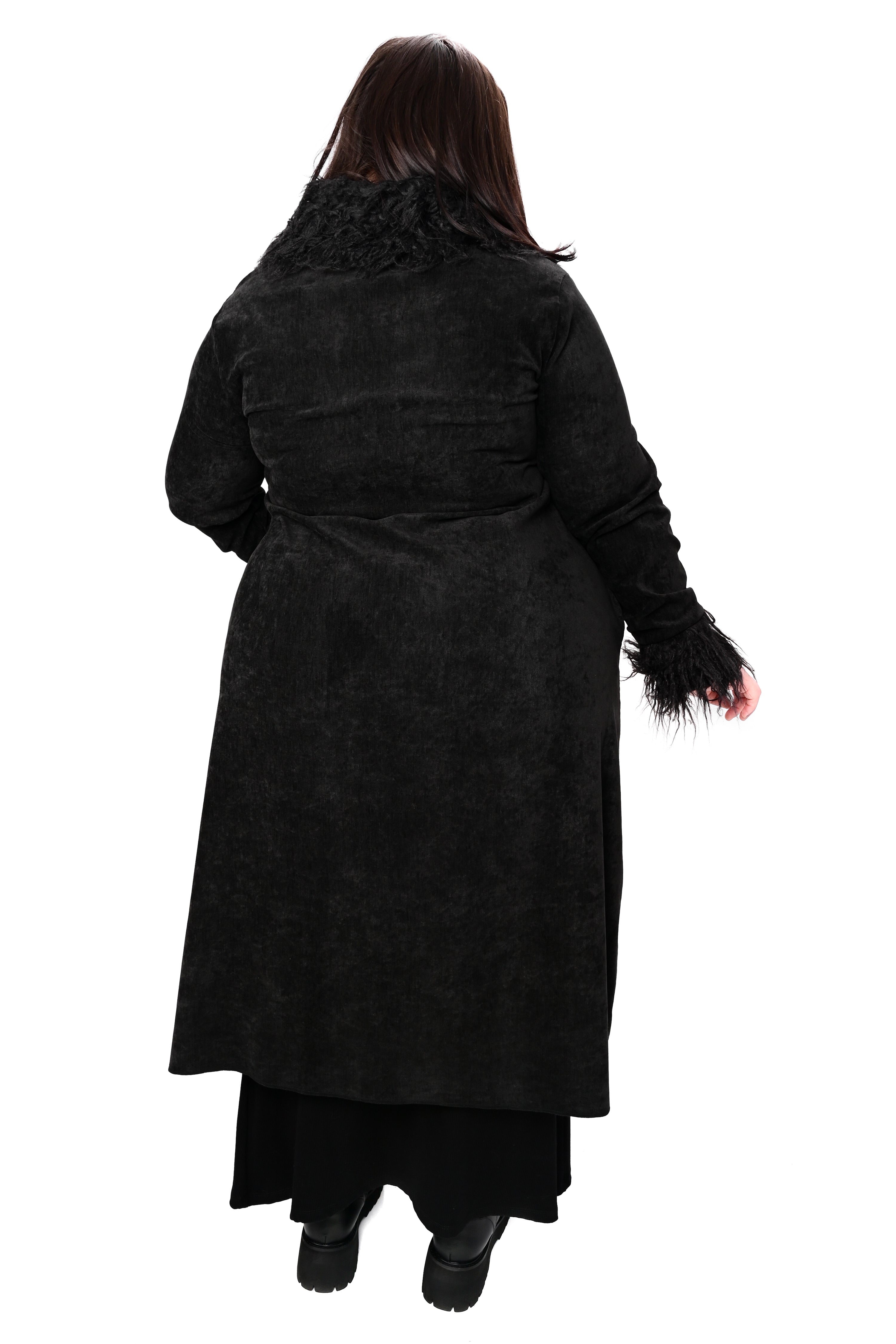 black long sleeve chenille duster with faux fur trim and 3 vegan leather buckles across the front