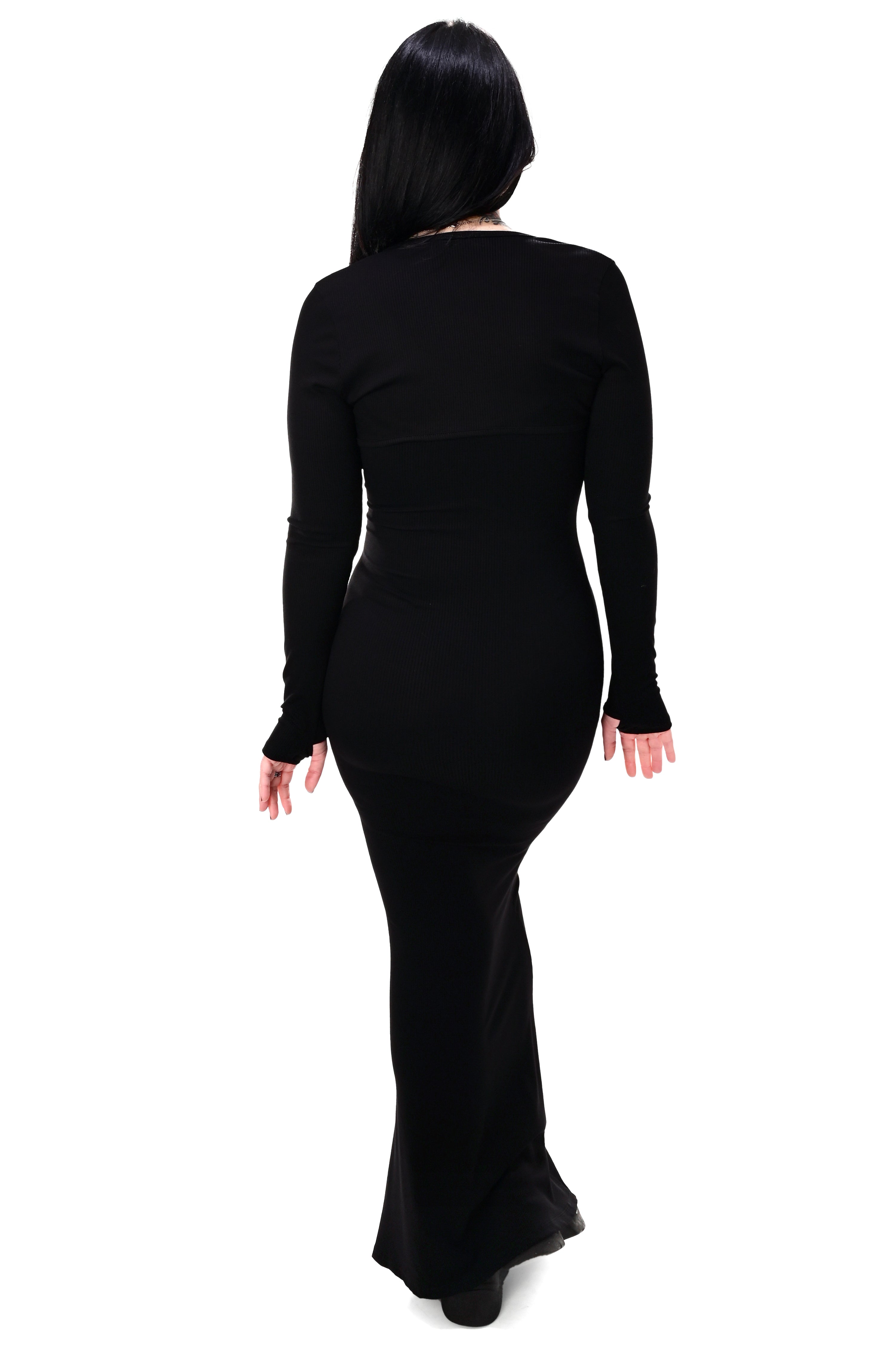 black ribbed bodycon maxi dress with adjustable straps and a slight bottom flare