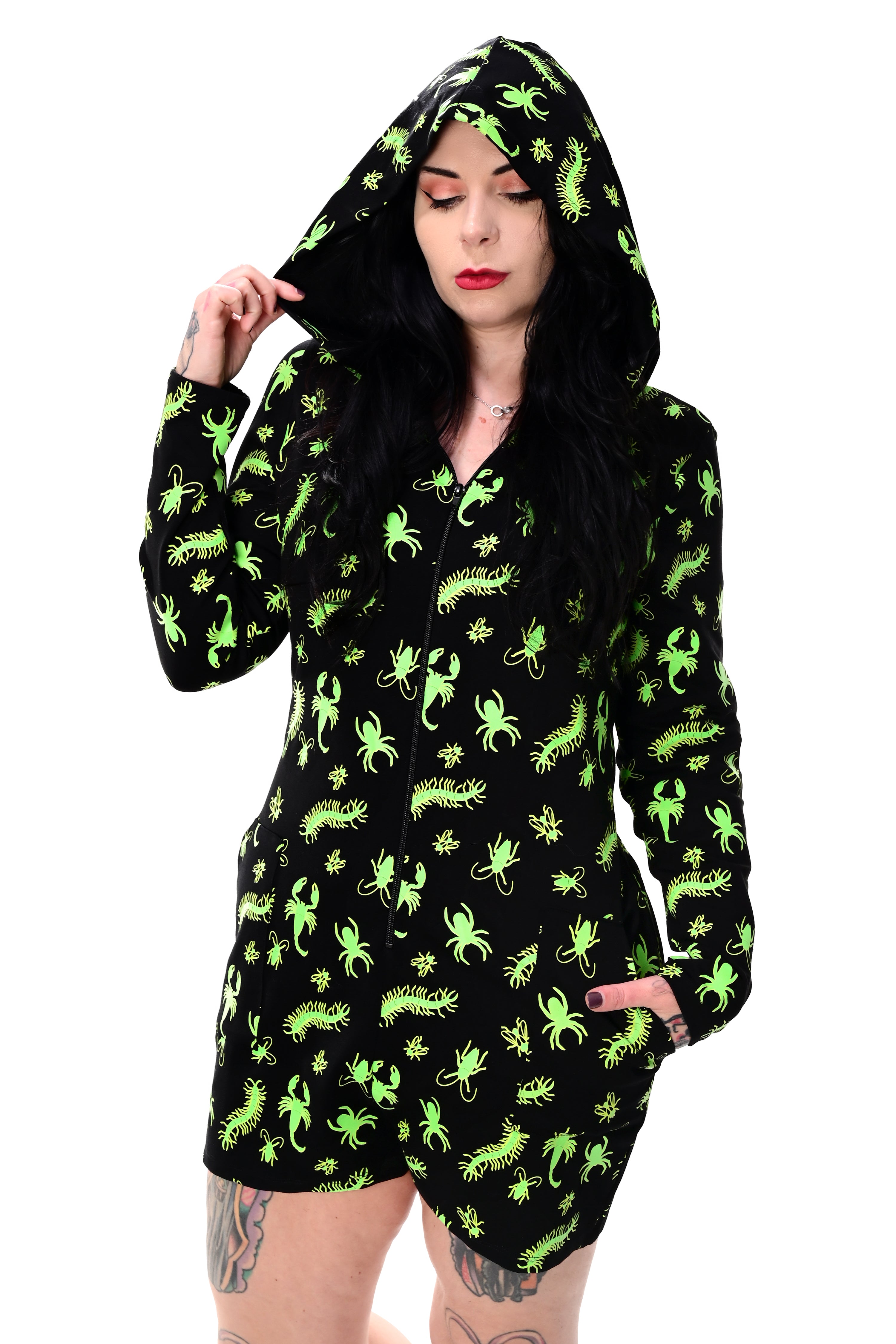 black long sleeve roper with green glow in the dark bugs print, zip up front and a hood