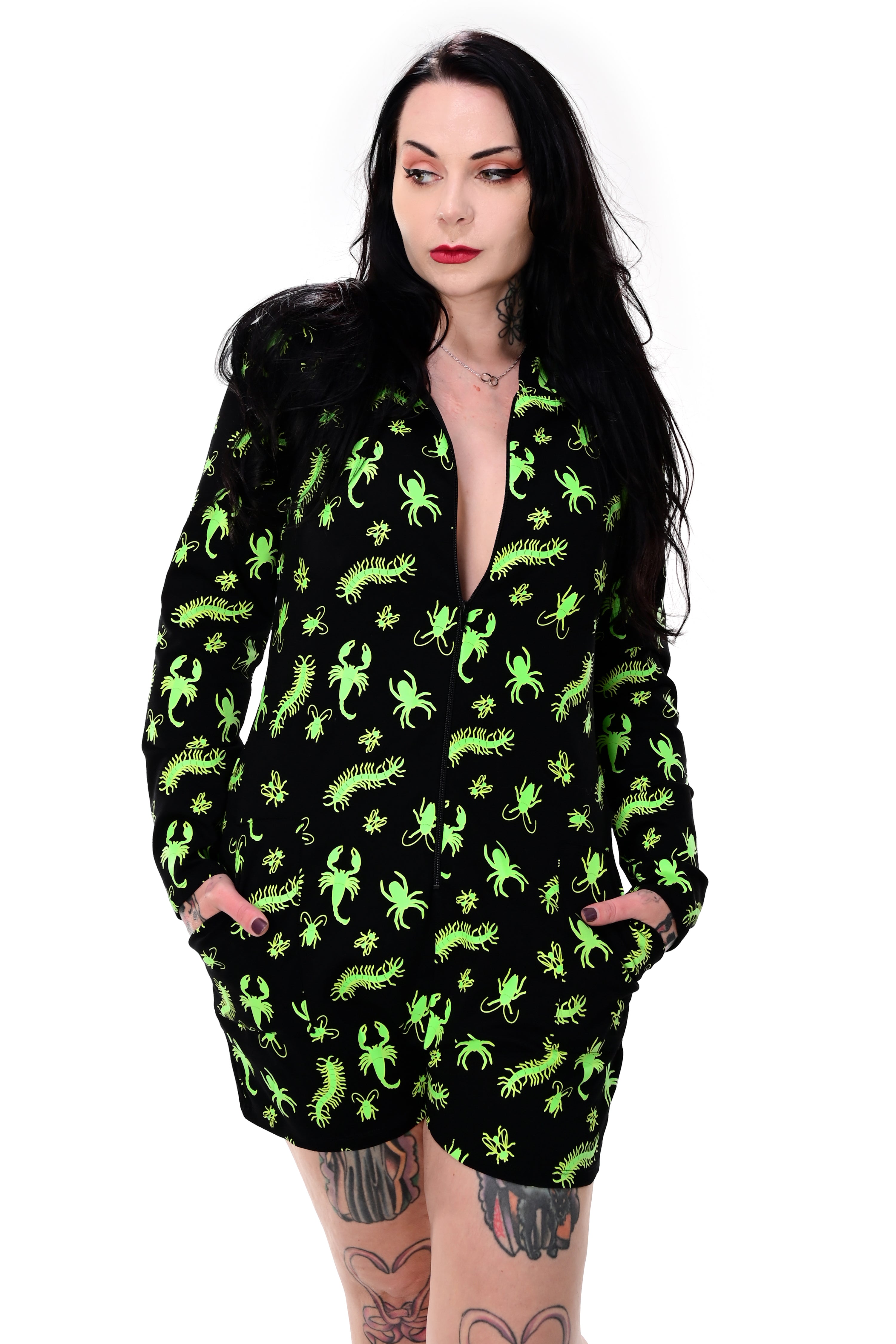 black long sleeve roper with green glow in the dark bugs print, zip up front and a hood