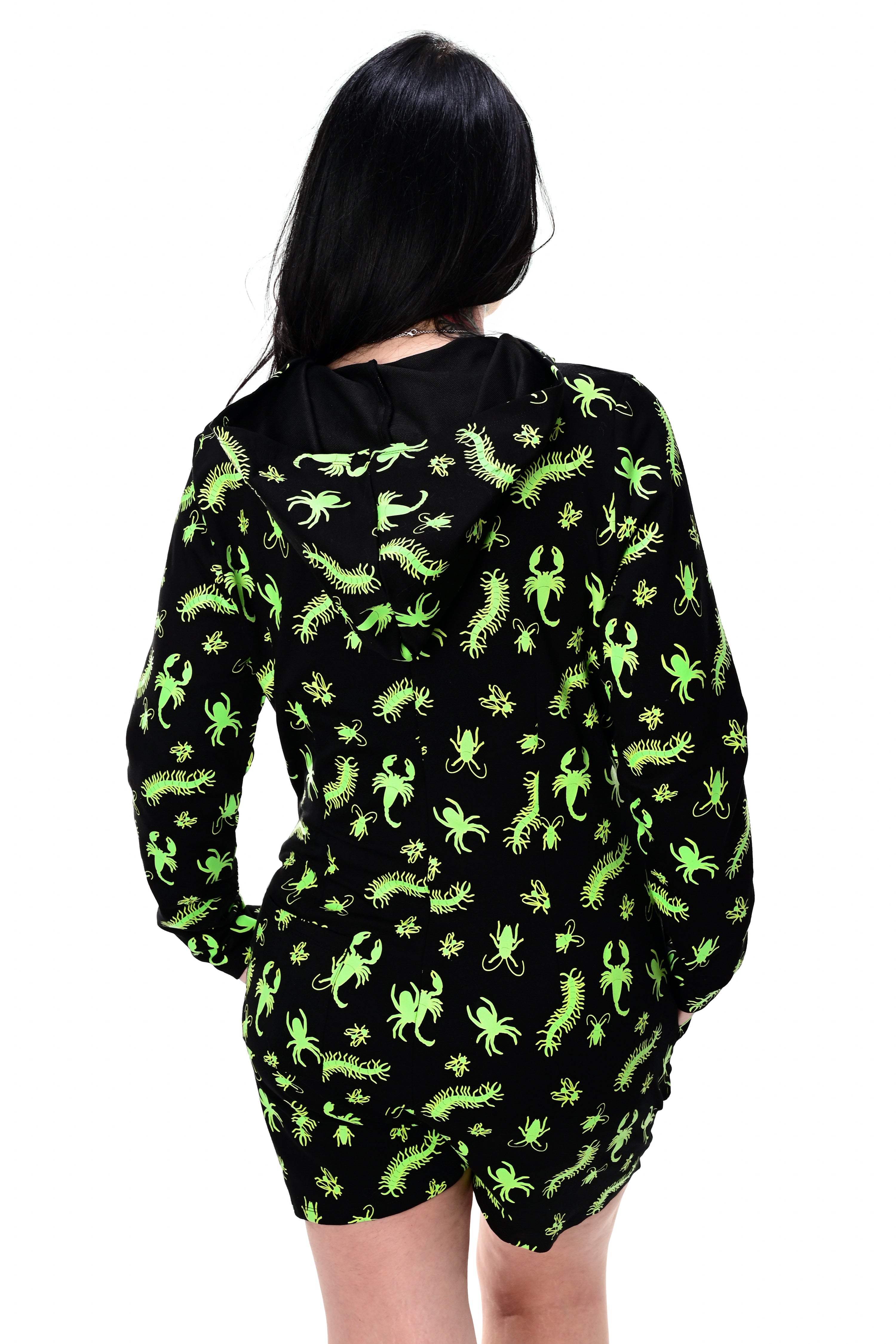 black long sleeve roper with green glow in the dark bugs print, zip up front and a hood