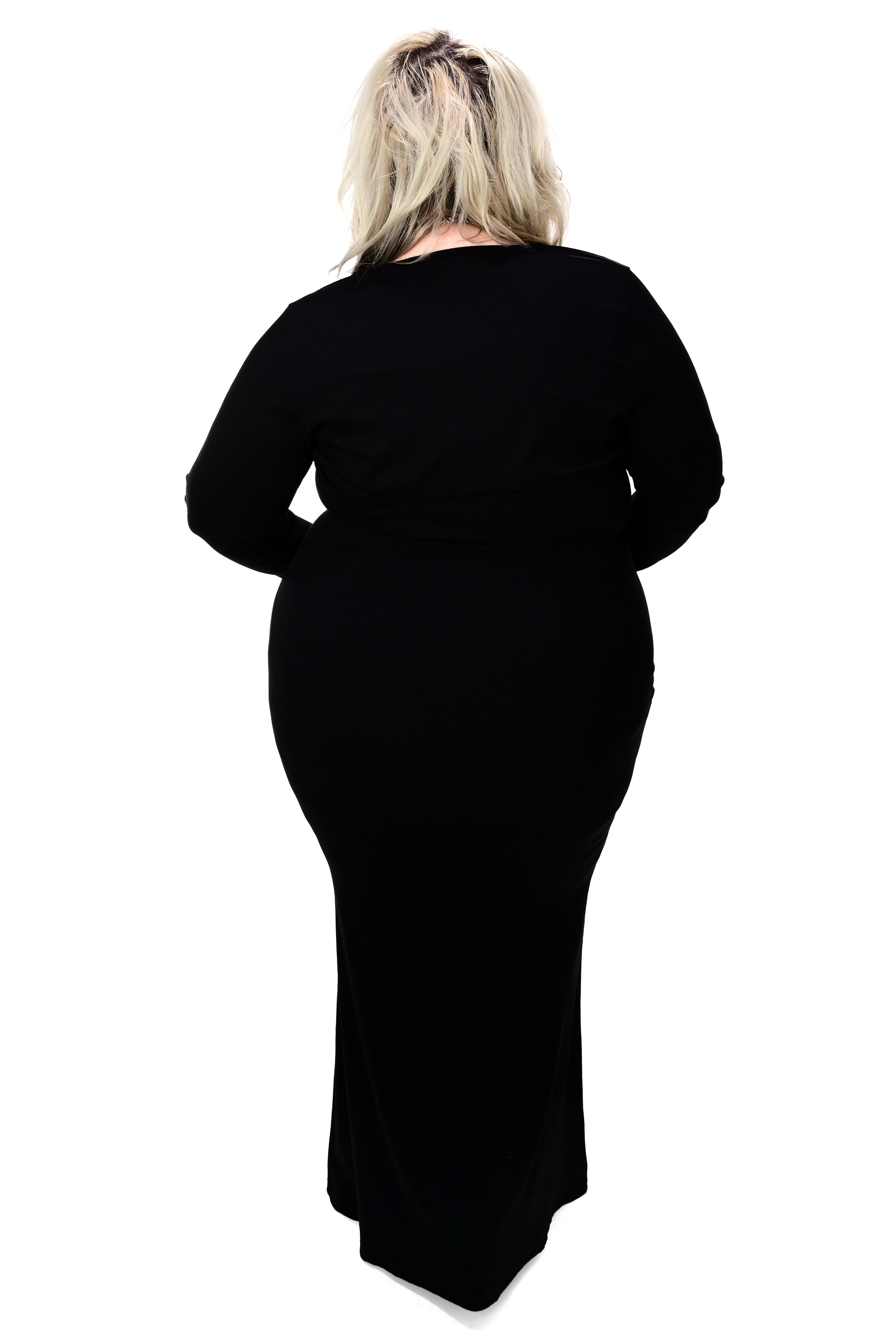 black ribbed bodycon maxi dress with adjustable straps and a slight bottom flare