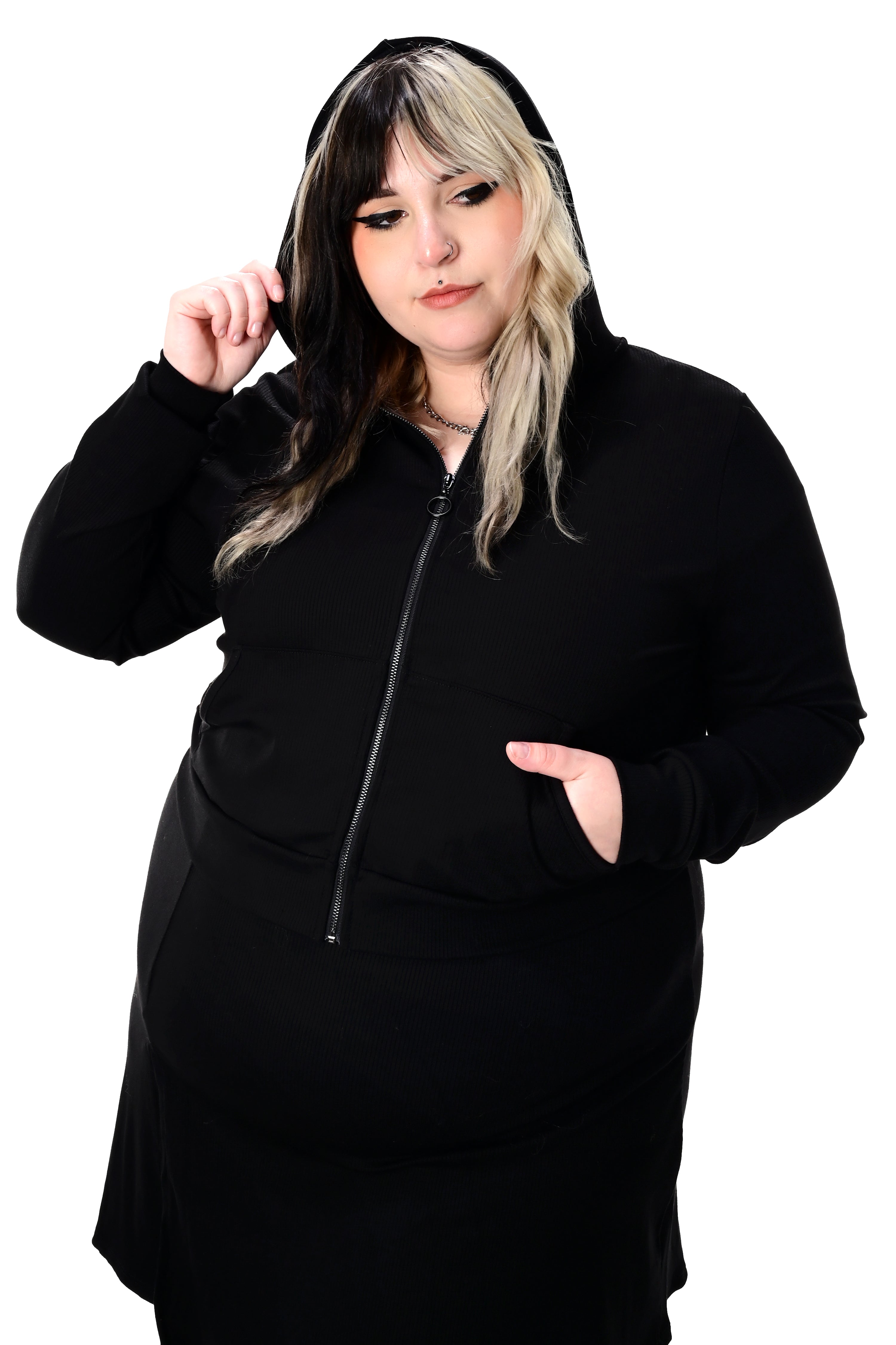 black ribbed crop hoodie with front o-ring zipper and pockets