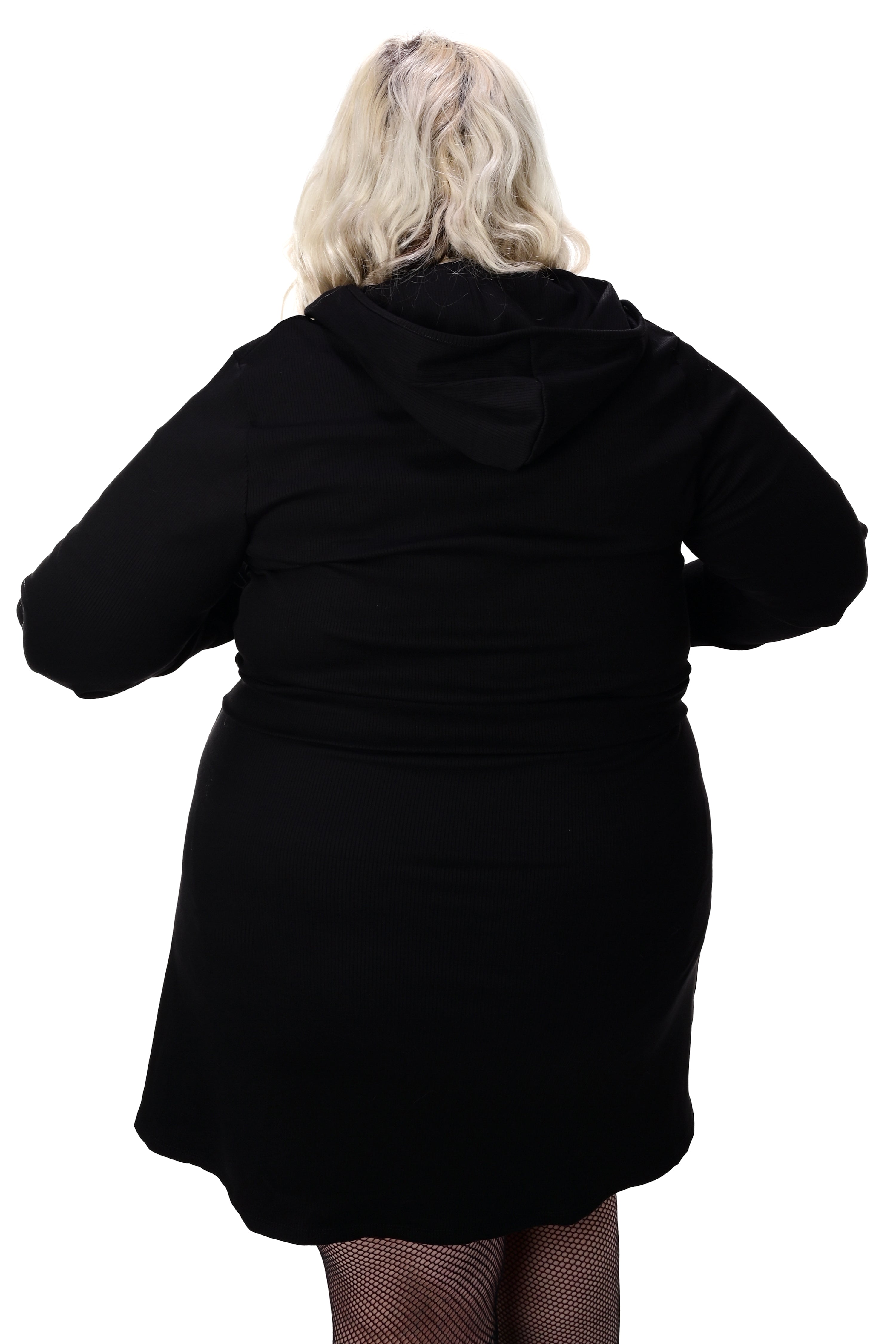 black ribbed crop hoodie with front o-ring zipper and pockets