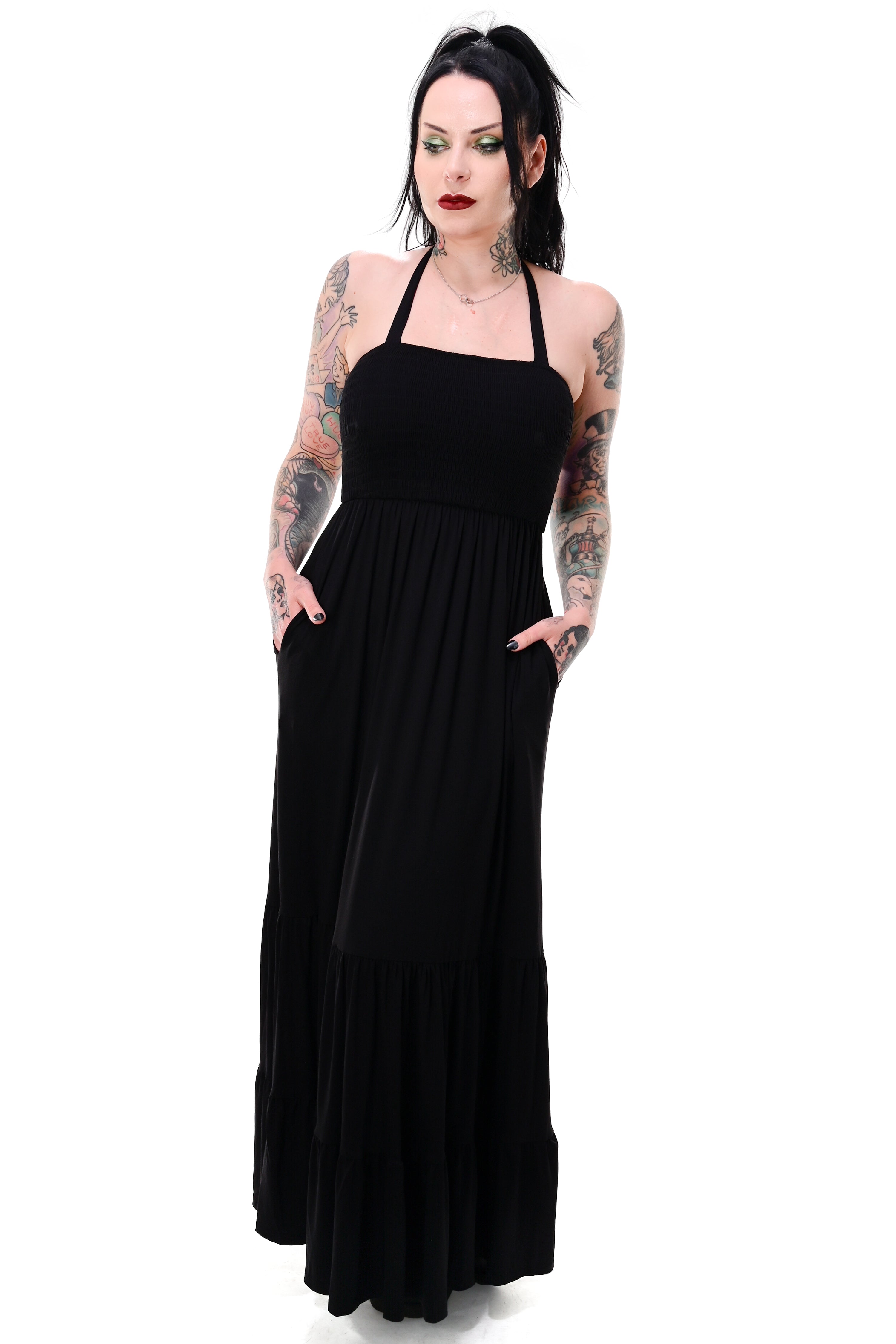 black tiered maxi dress with smocked top and halter tie straps
