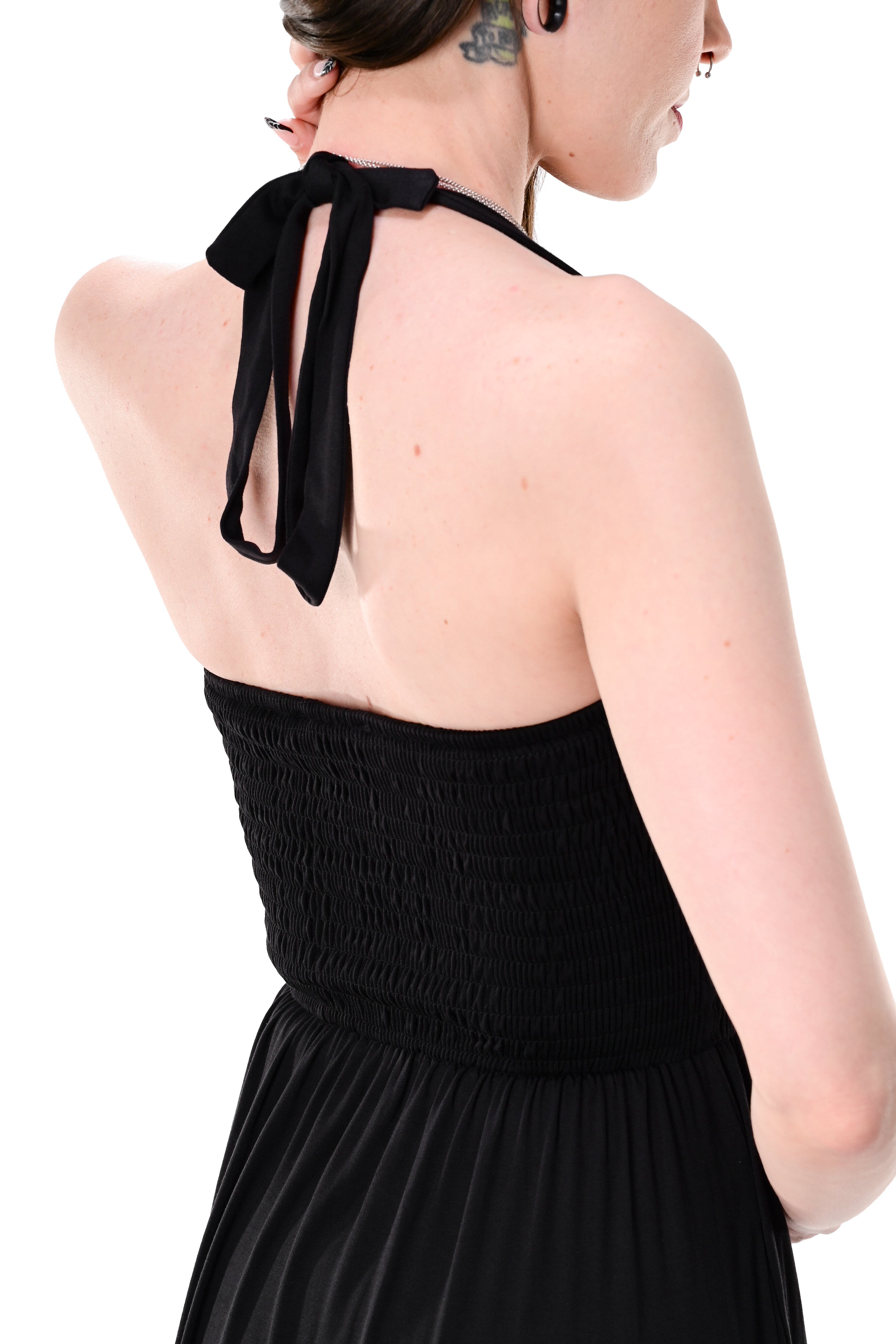 black tiered maxi dress with smocked top and halter tie straps