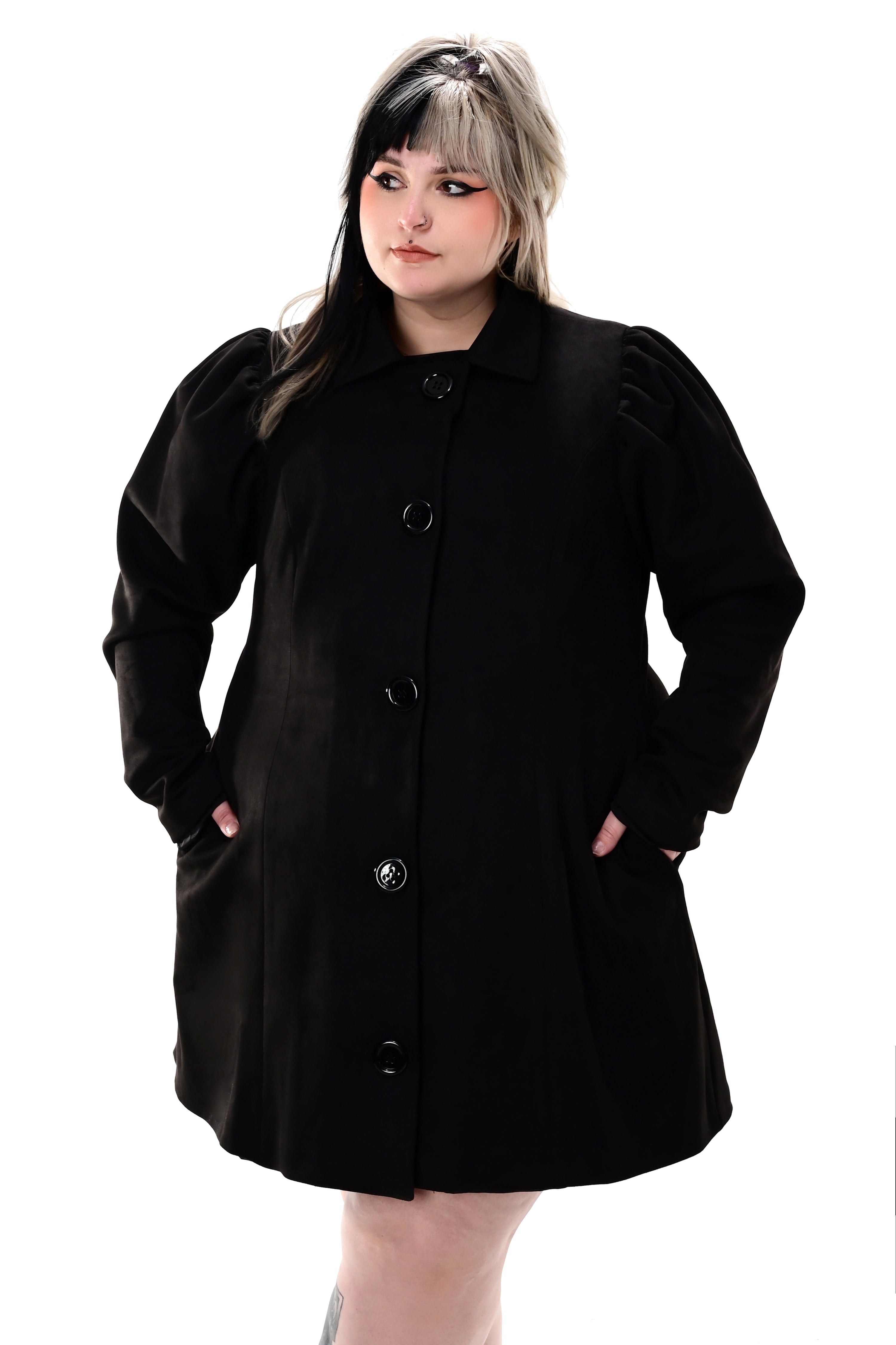 black faux suede button up coat with puff sleeves and collar