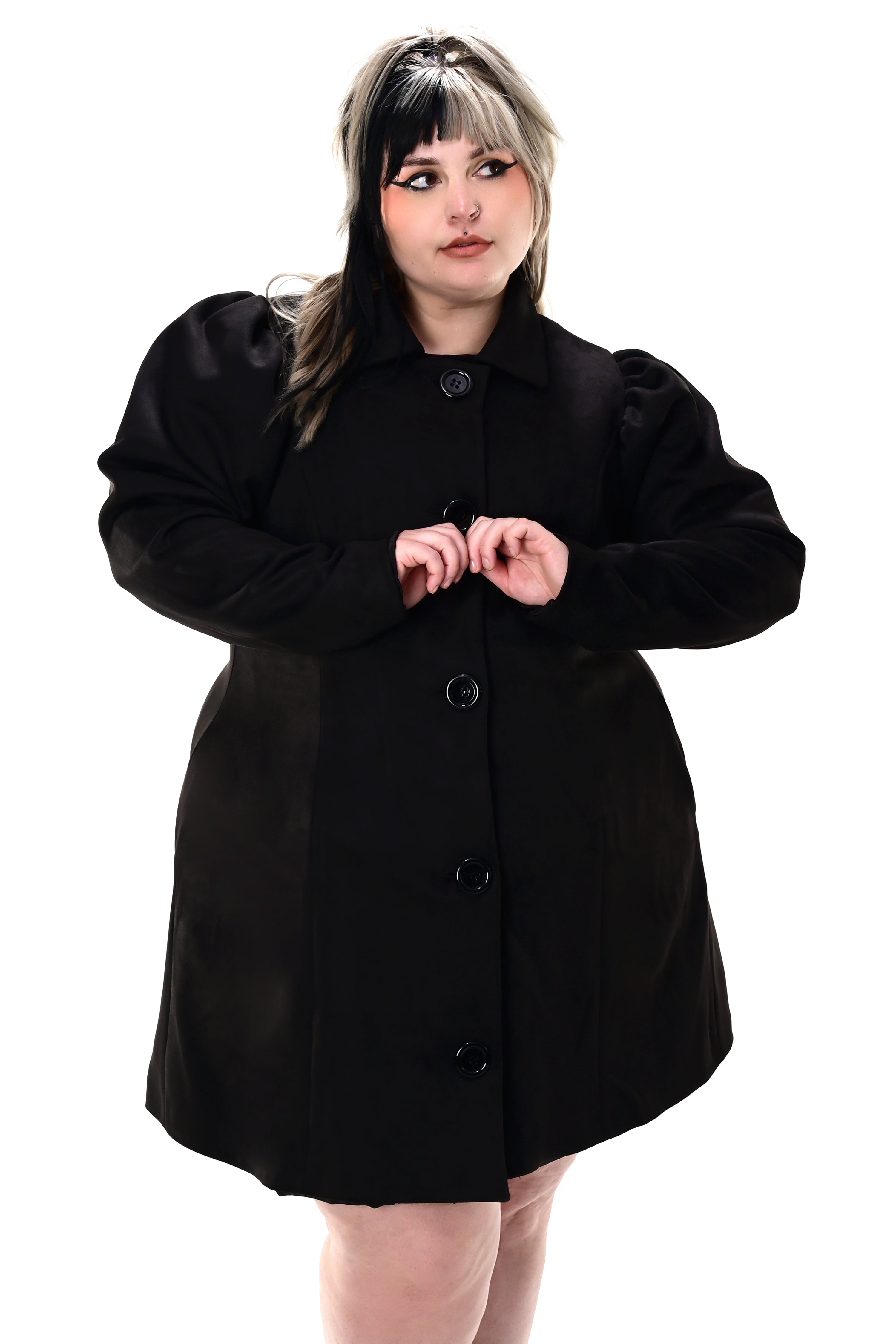 black faux suede button up coat with puff sleeves and collar