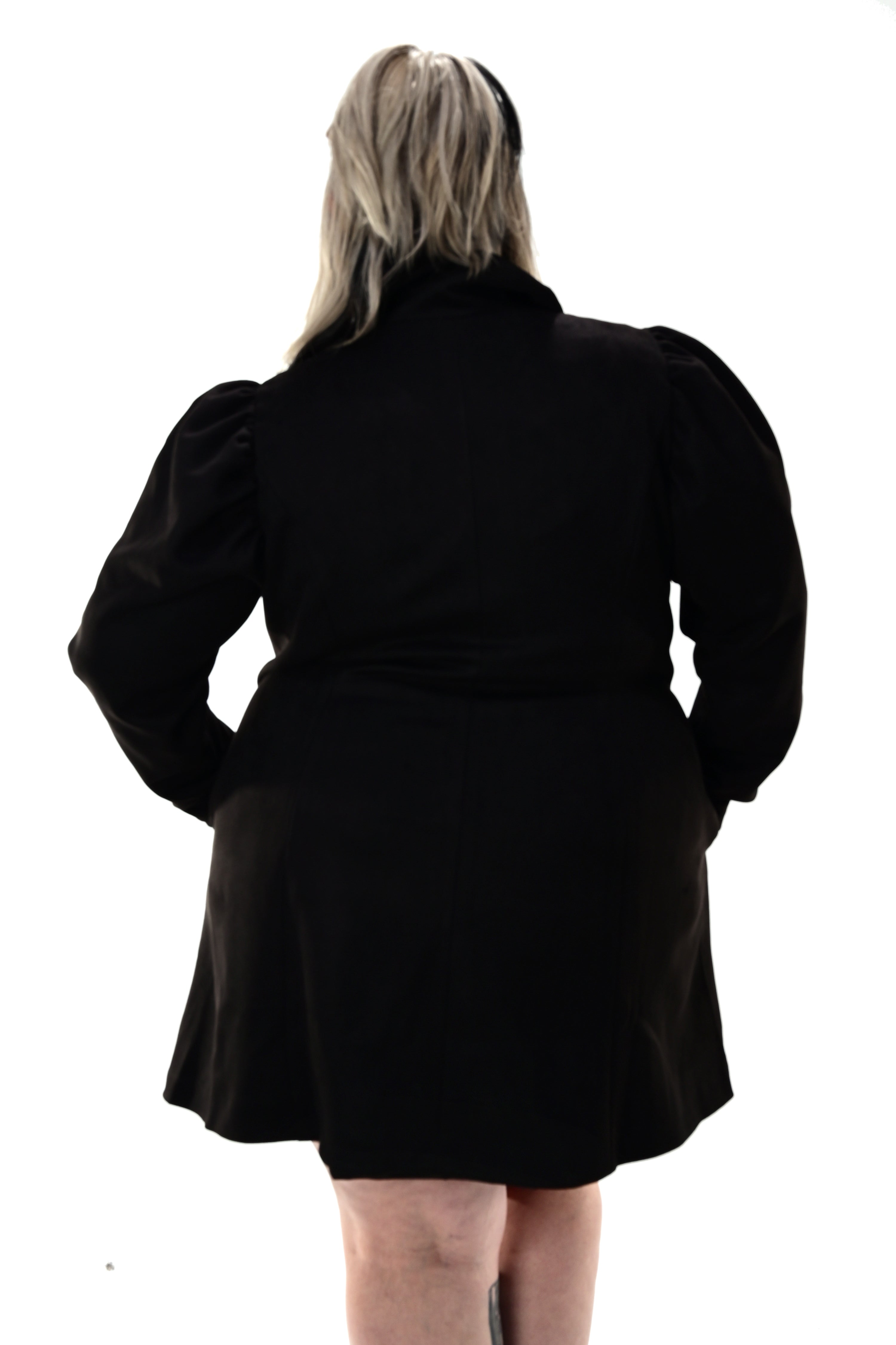 black faux suede button up coat with puff sleeves and collar