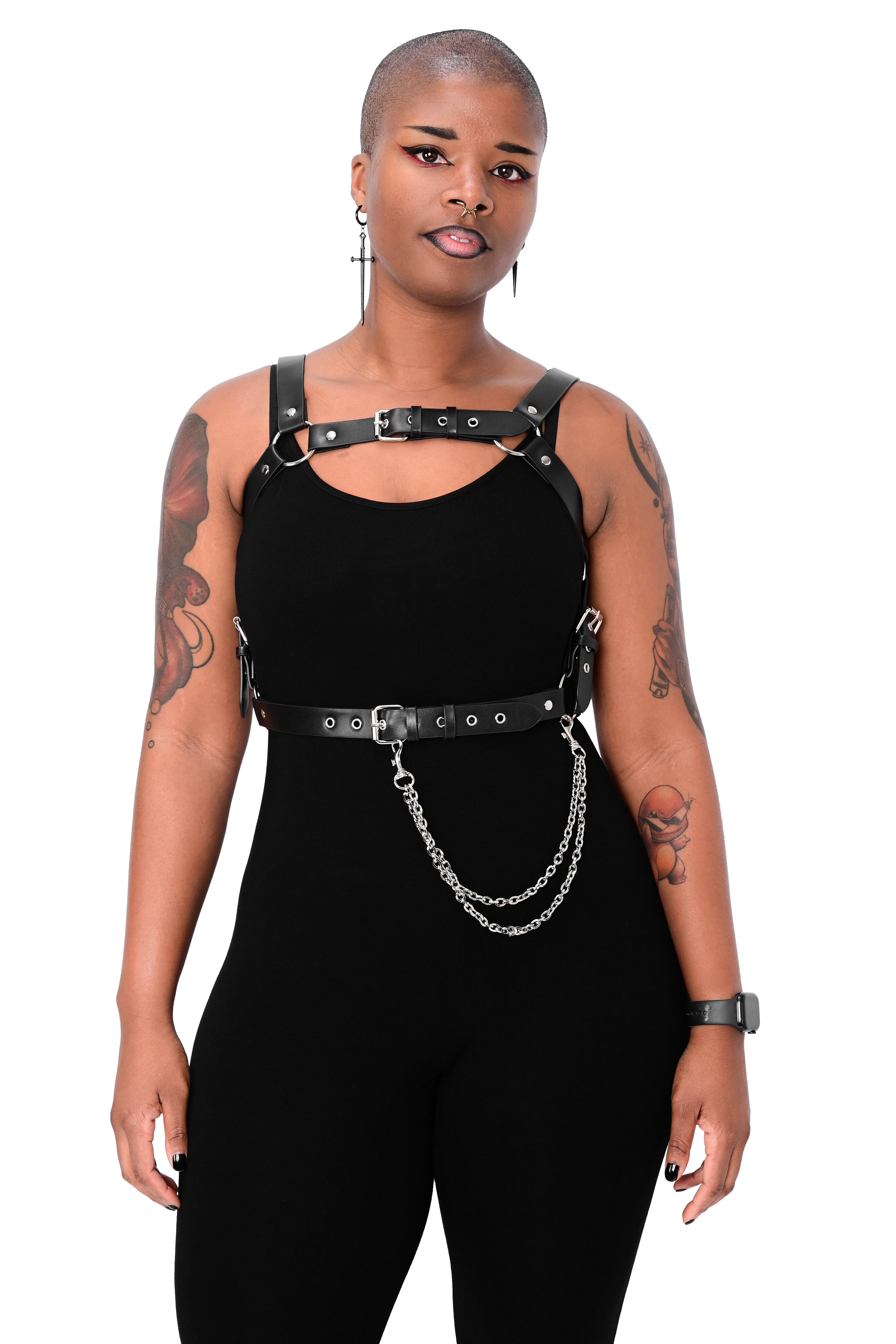 black vegan leather adjustable harness with silver hardware and silver removable chain