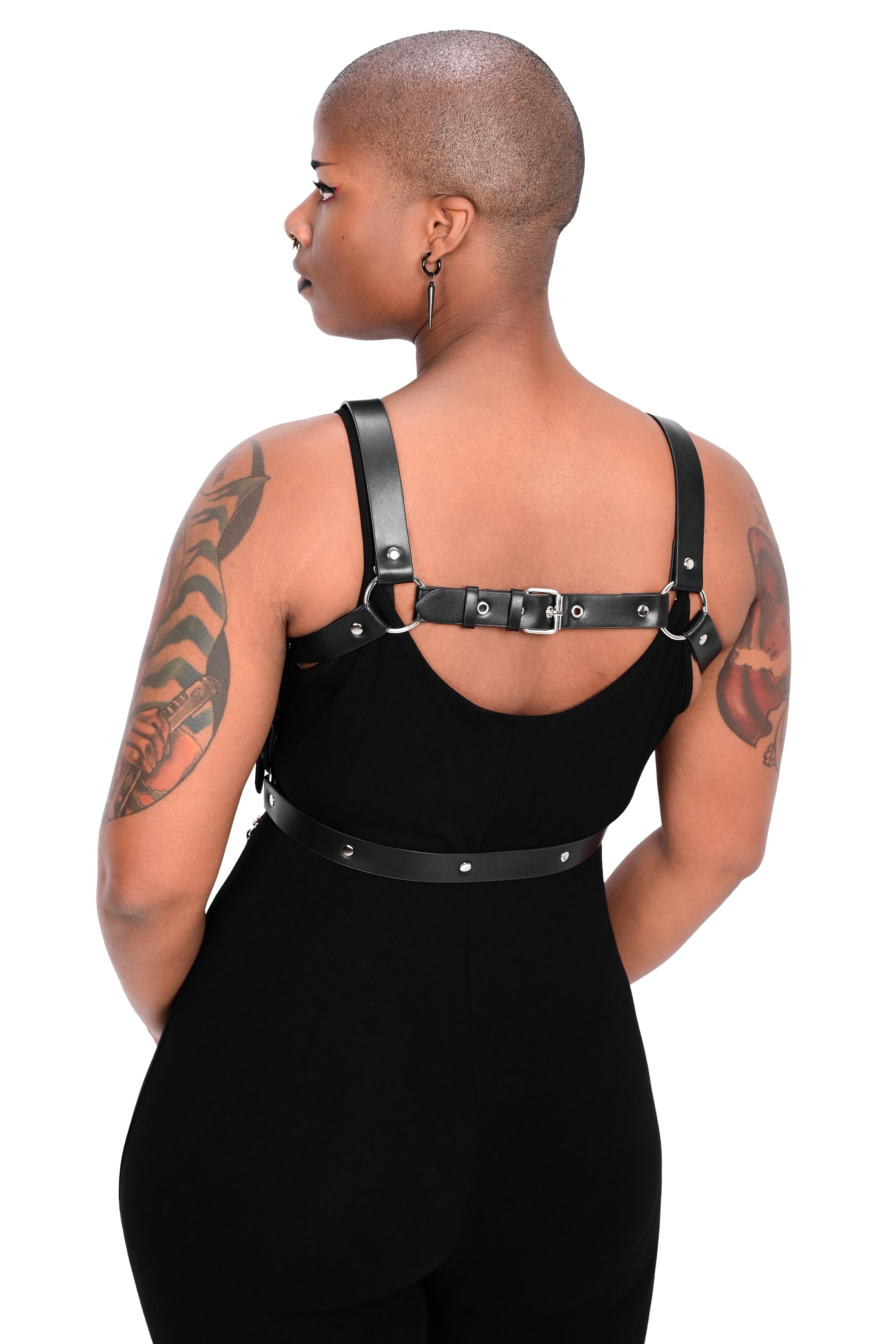 black vegan leather adjustable harness with silver hardware and silver removable chain