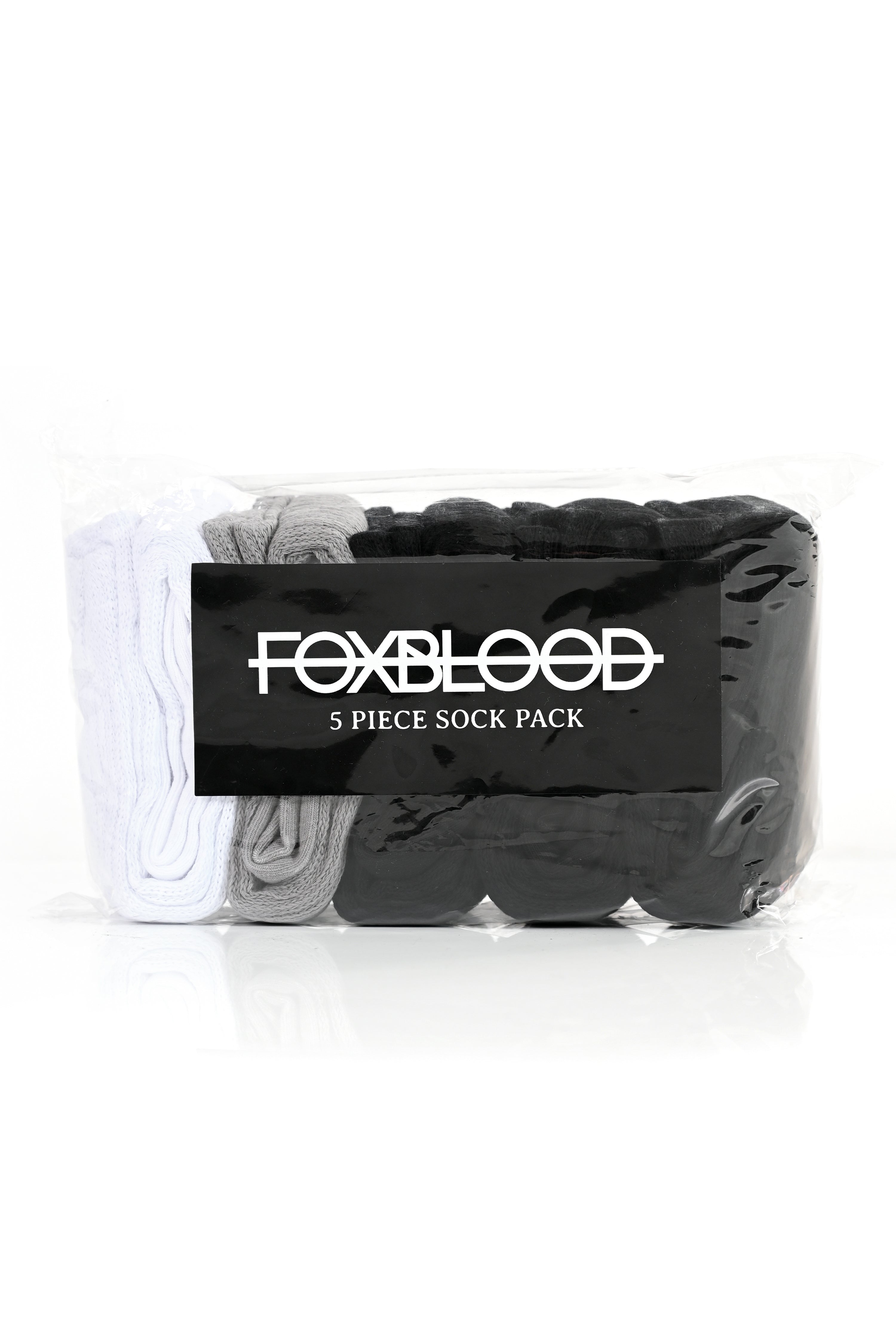 5 pack of socks featuring 3 black socks, 1 grey sock, and 1 white sock