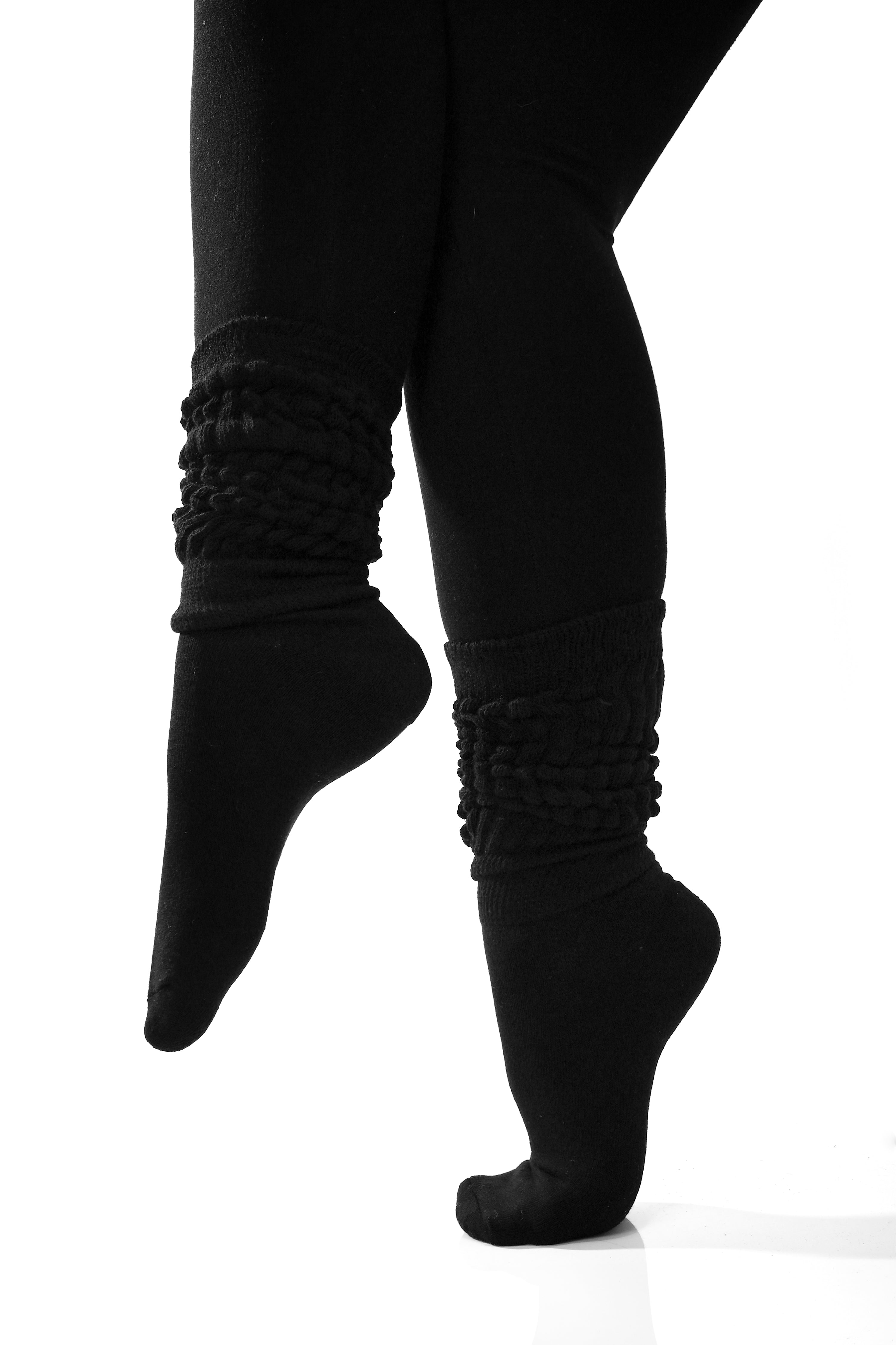 black scrunch socks on a foot