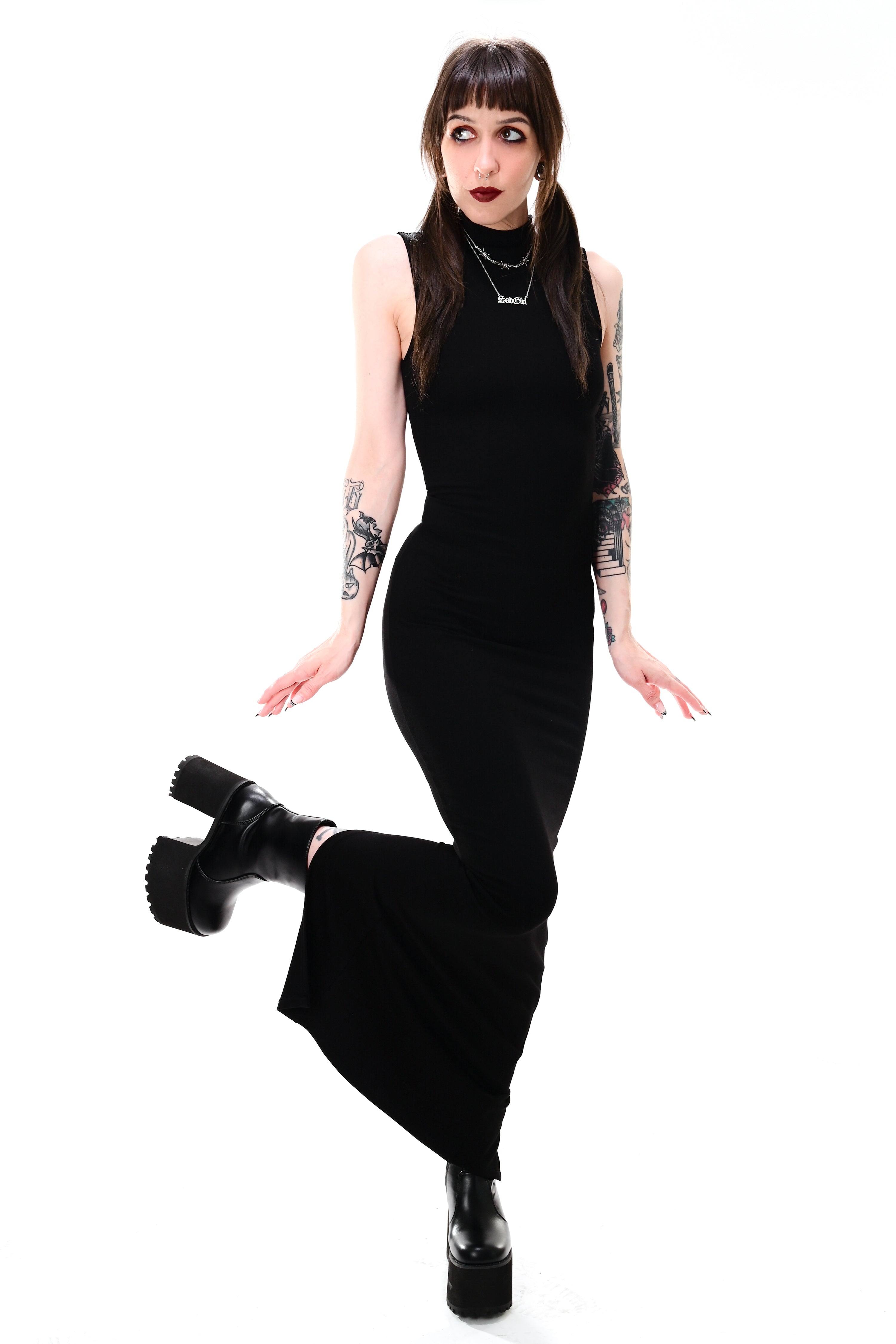 black bodycon maxi dress, sleeveless with a back slip
