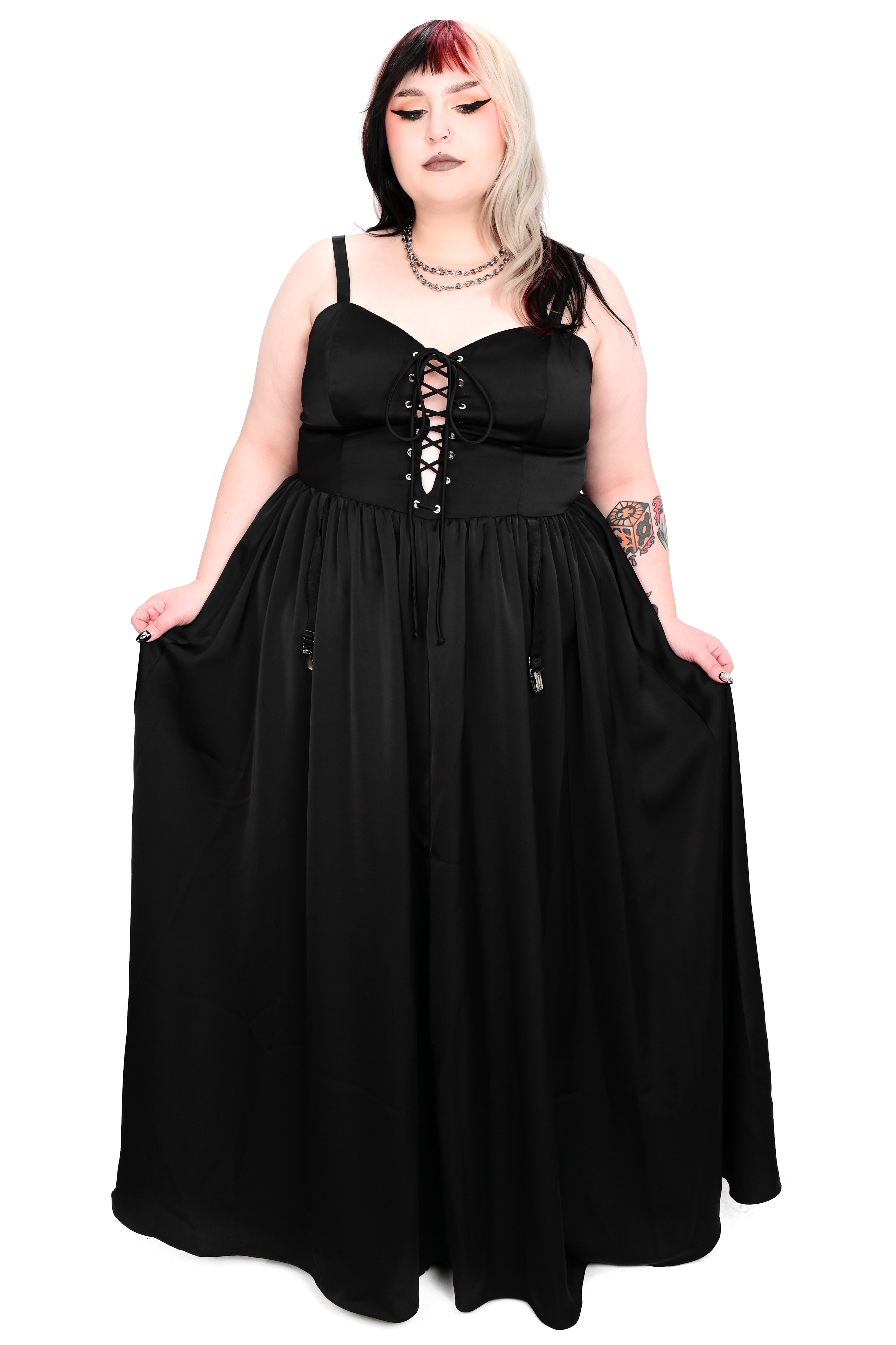 black satin gown with corset front on bodice and adjustable garter straps on waist