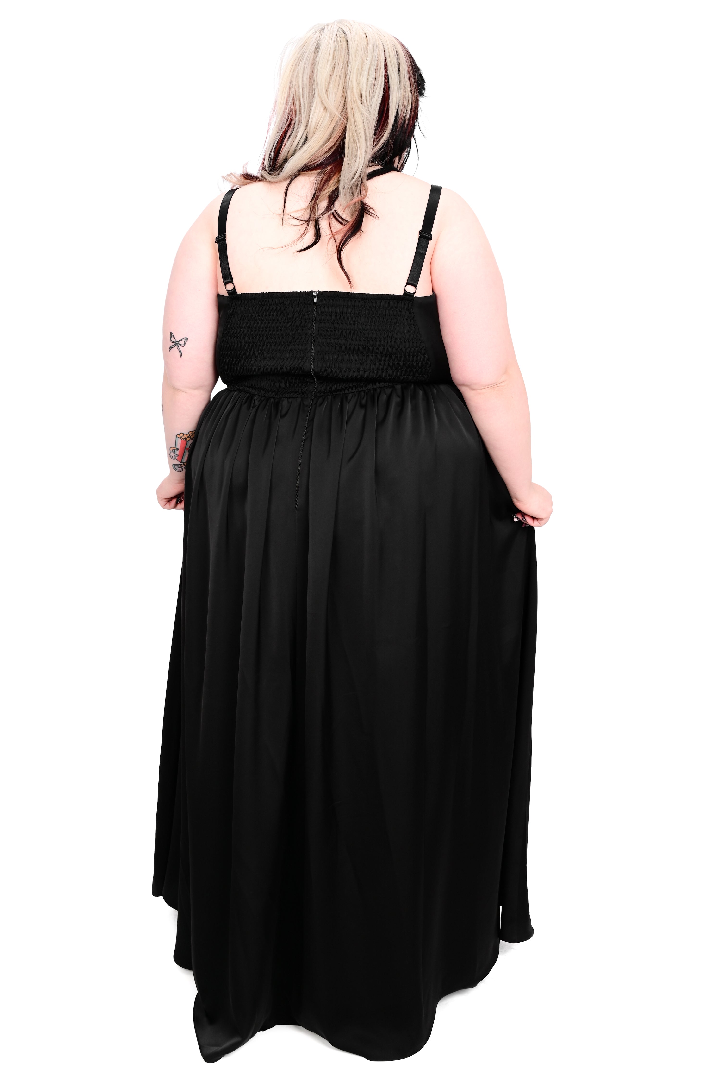 black satin gown with corset front on bodice and adjustable garter straps on waist