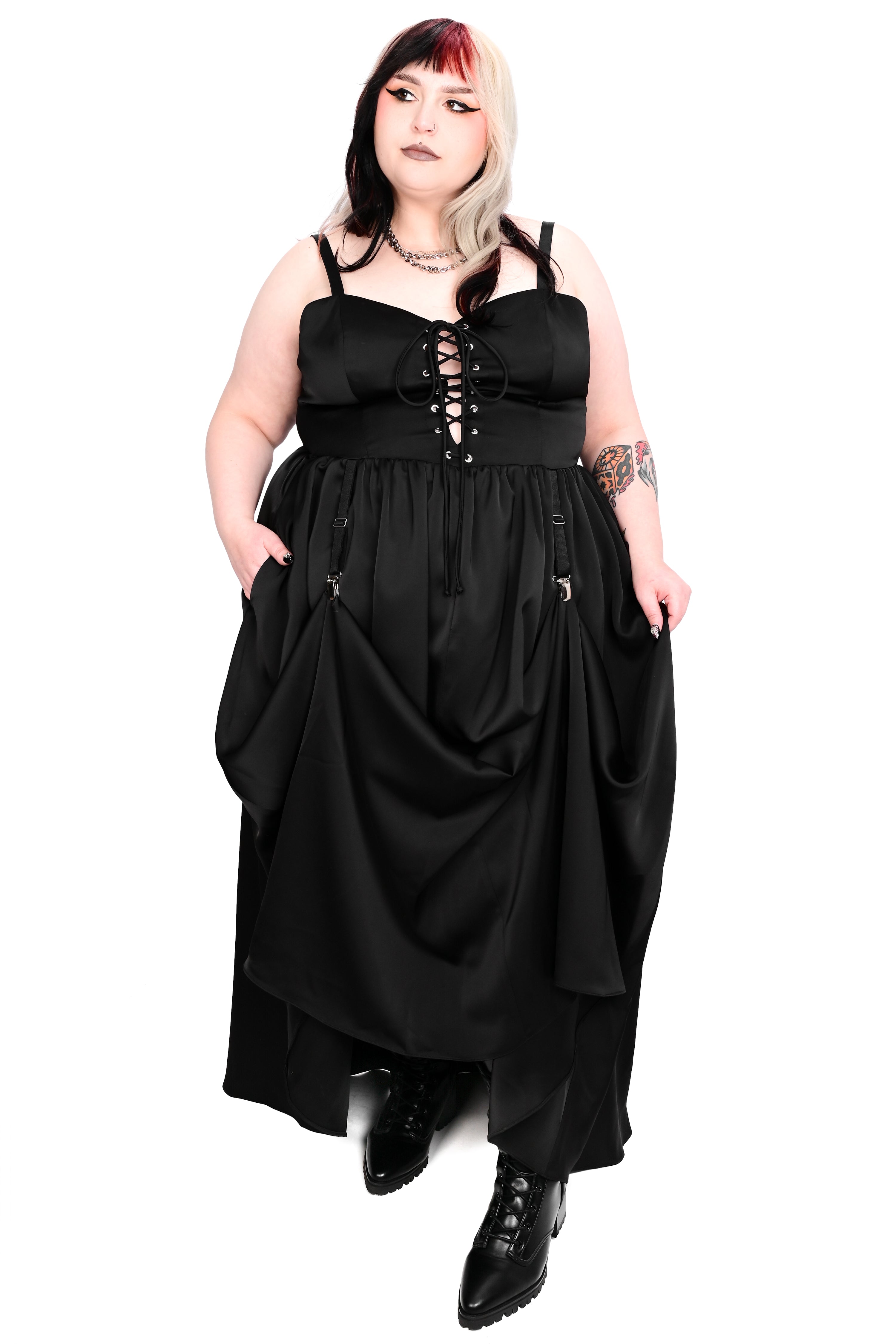 black satin gown with corset front on bodice and adjustable garter straps on waist