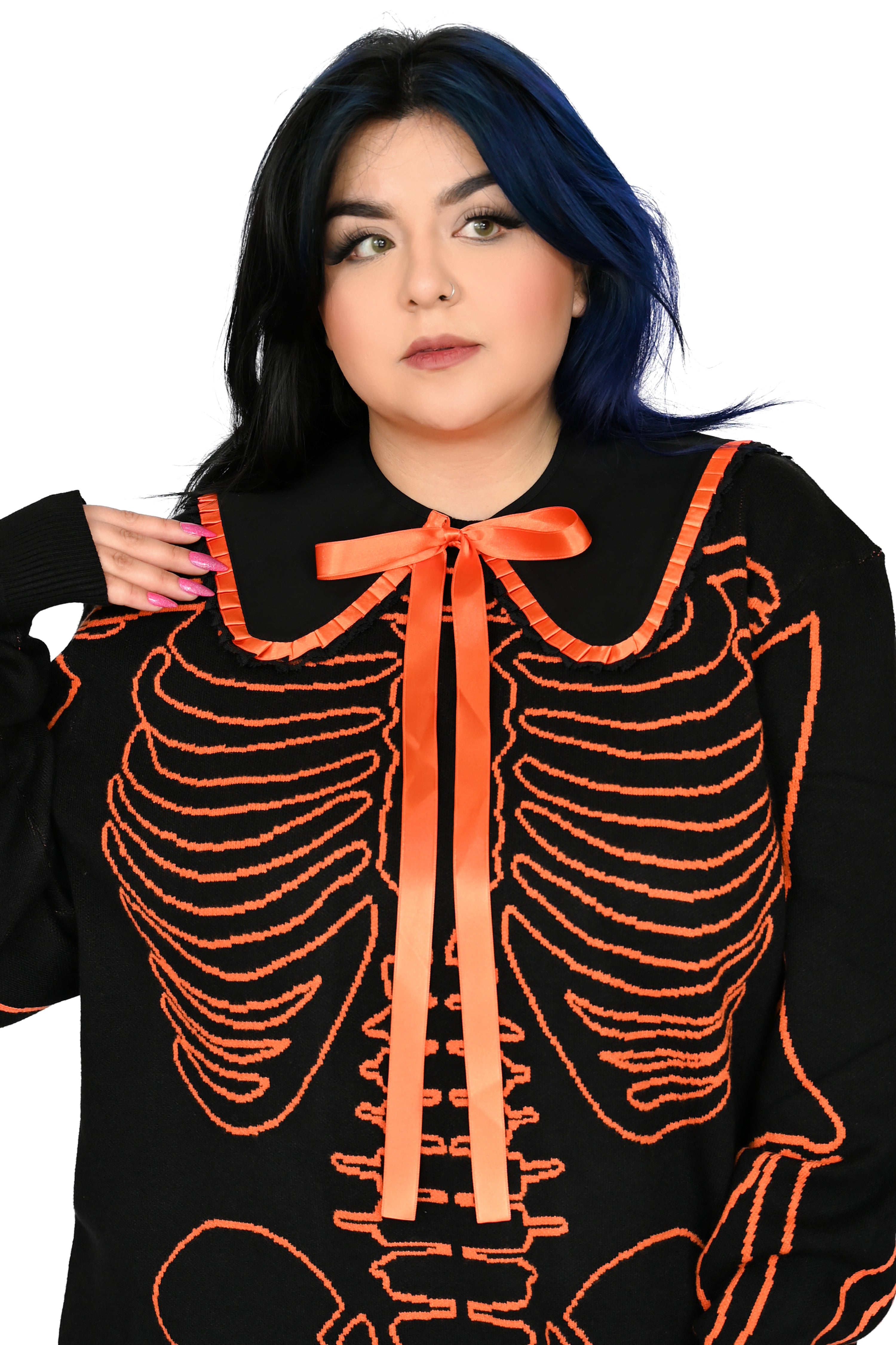 black detachable collar with orange ribbon trim and tie
