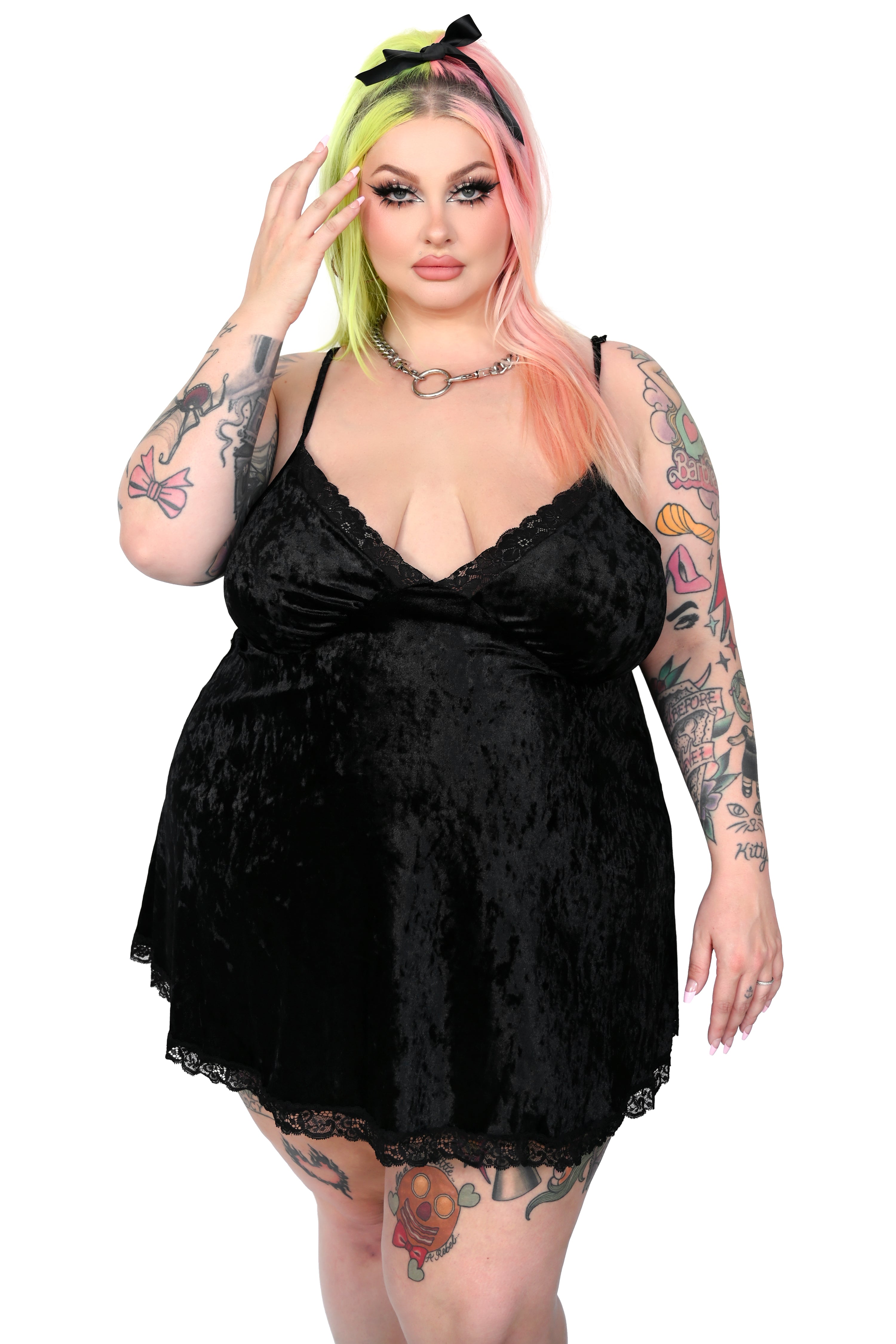 soft black velvet slip dress with black lace trim and adjustable straps