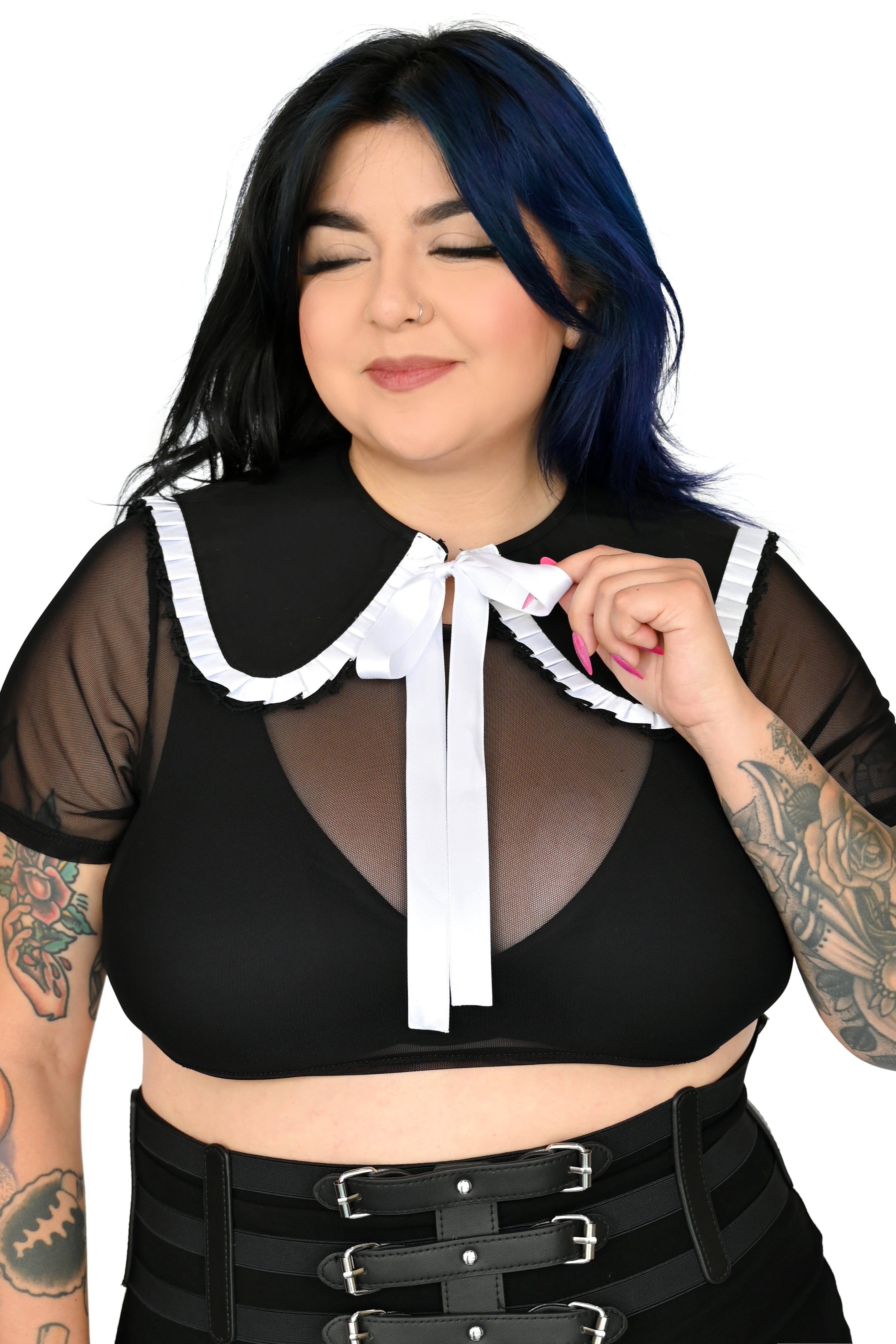 black detachable collar with white ribbon trim and ties