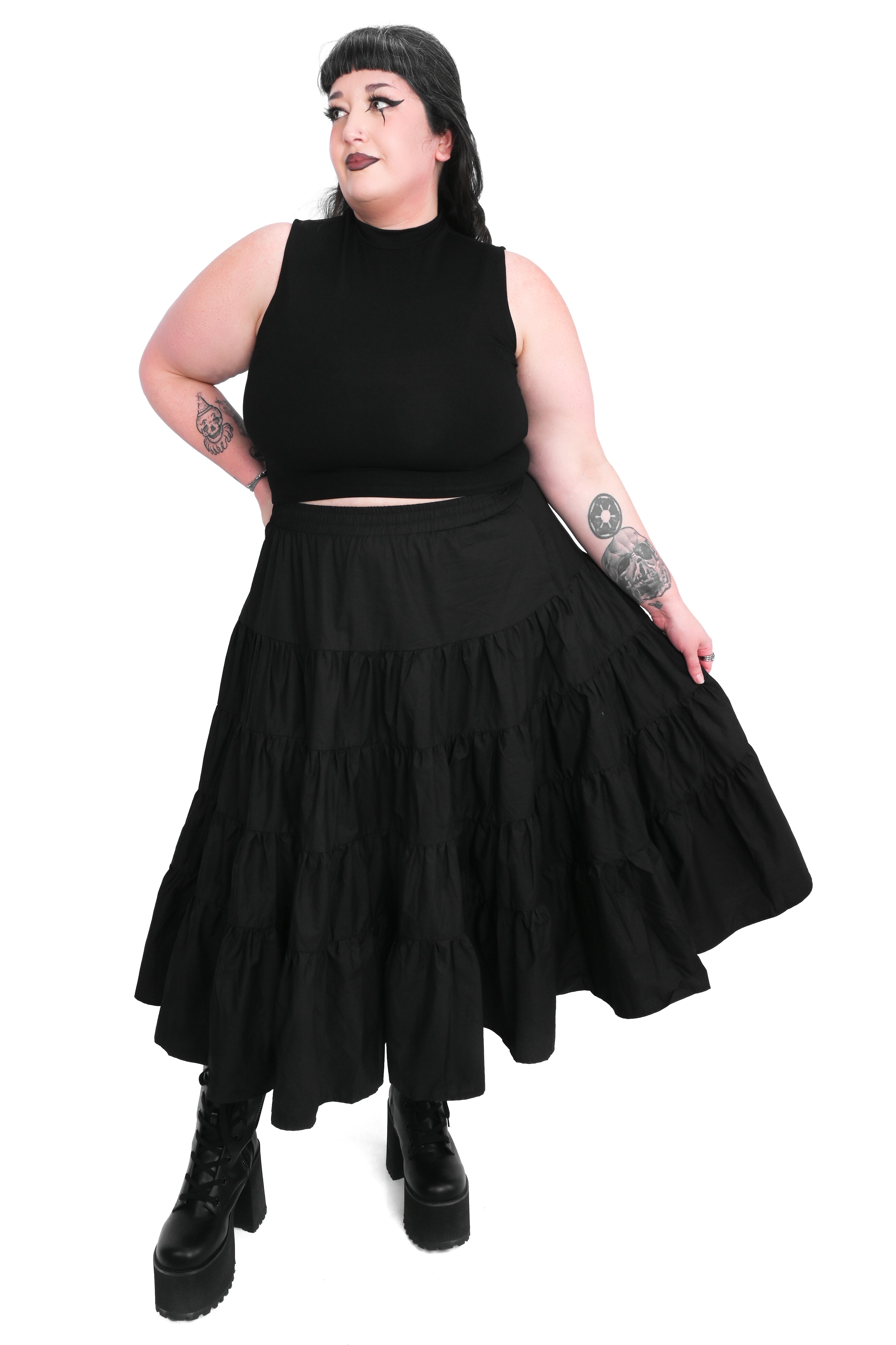 tiered midi skirt with deep pockets