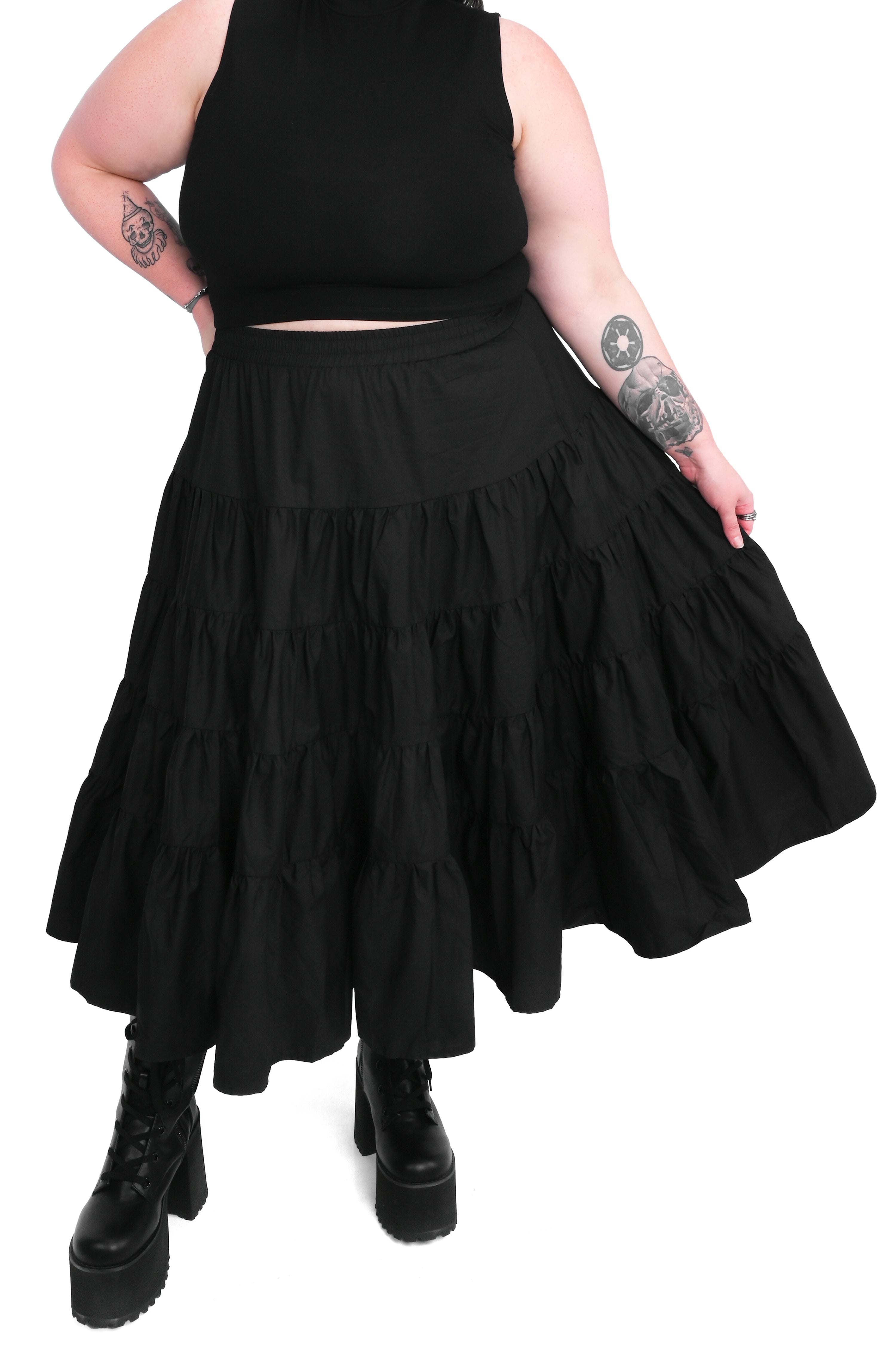 tiered midi skirt with deep pockets