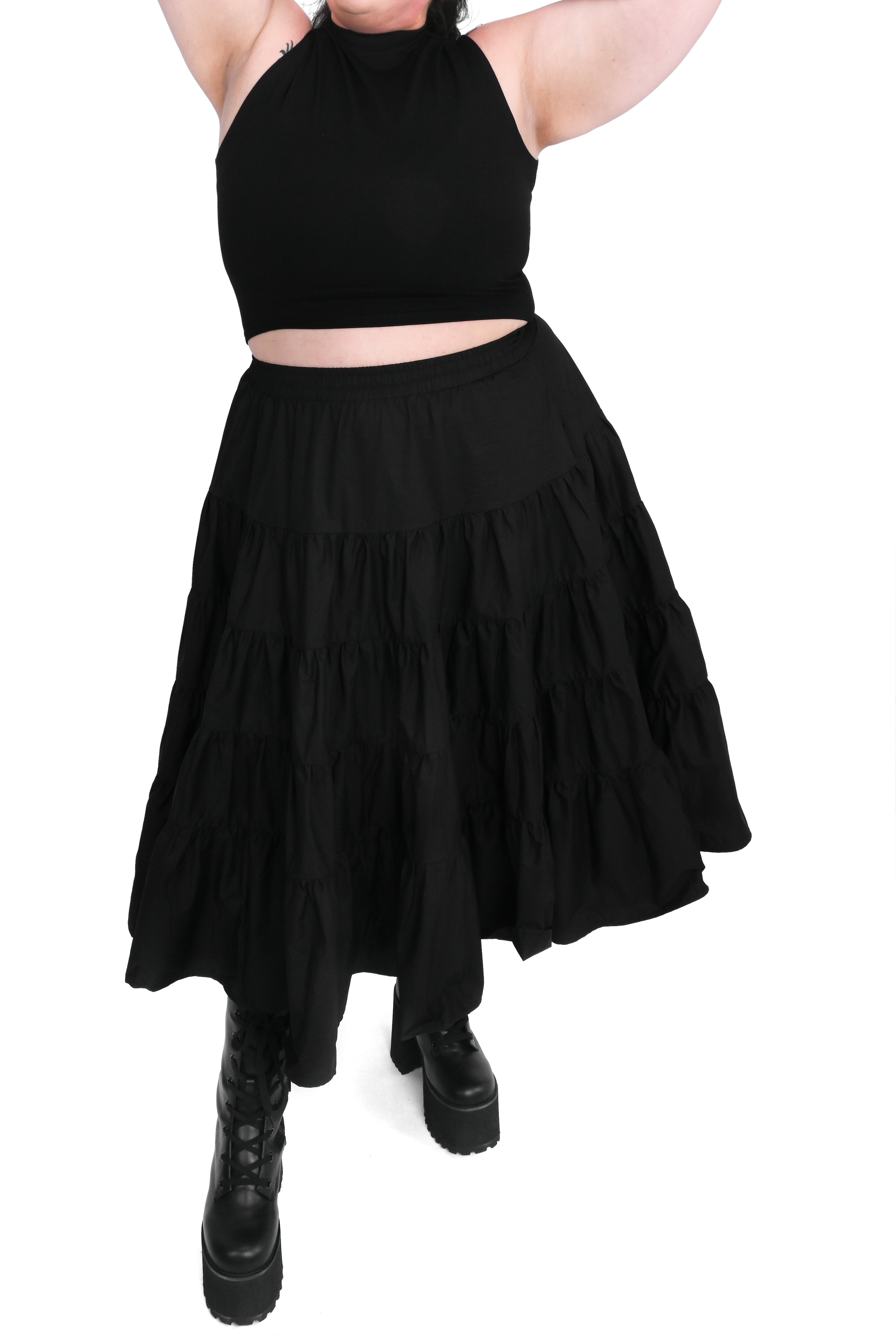 tiered midi skirt with deep pockets