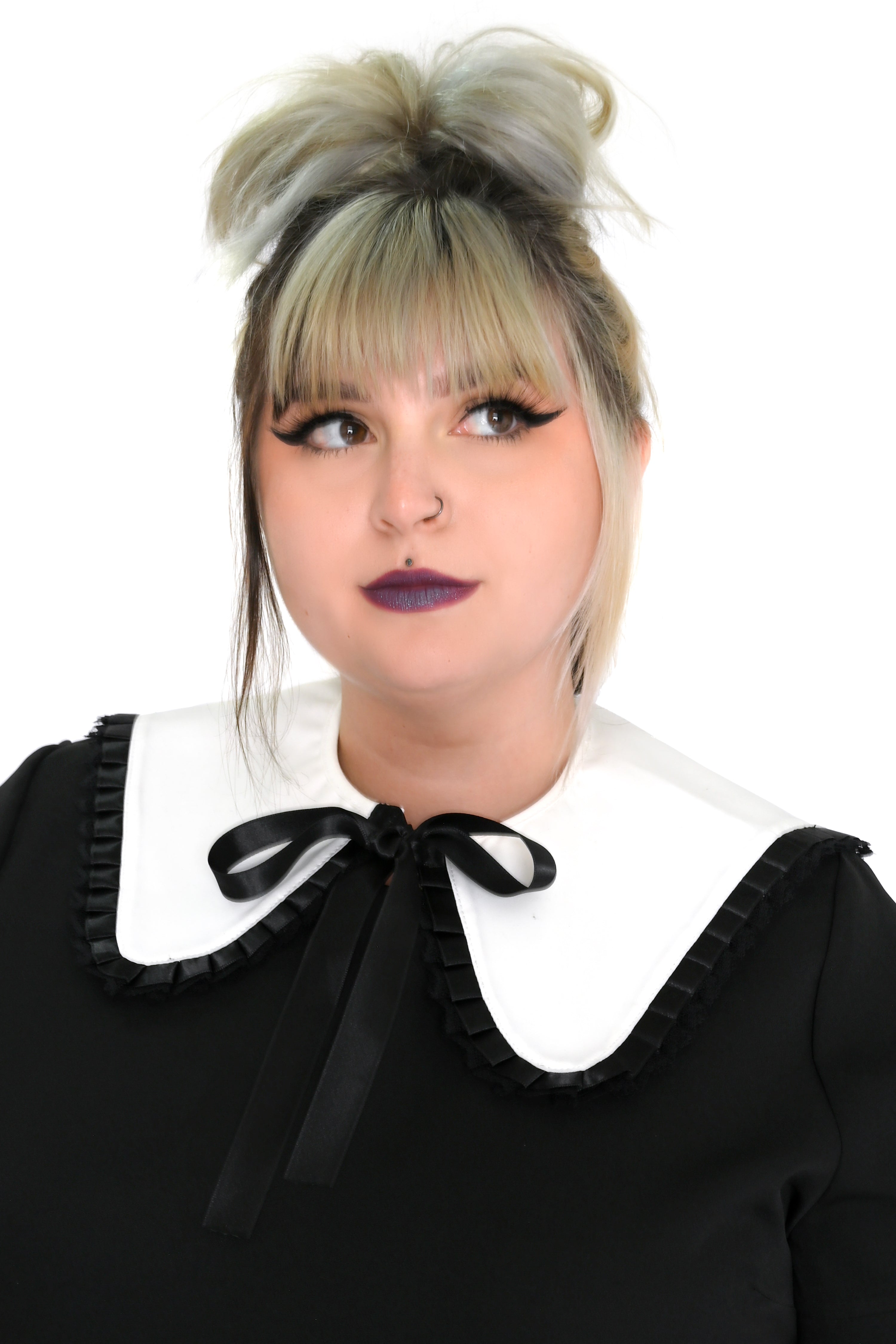 white detachable collar with black ribbon trim and tie