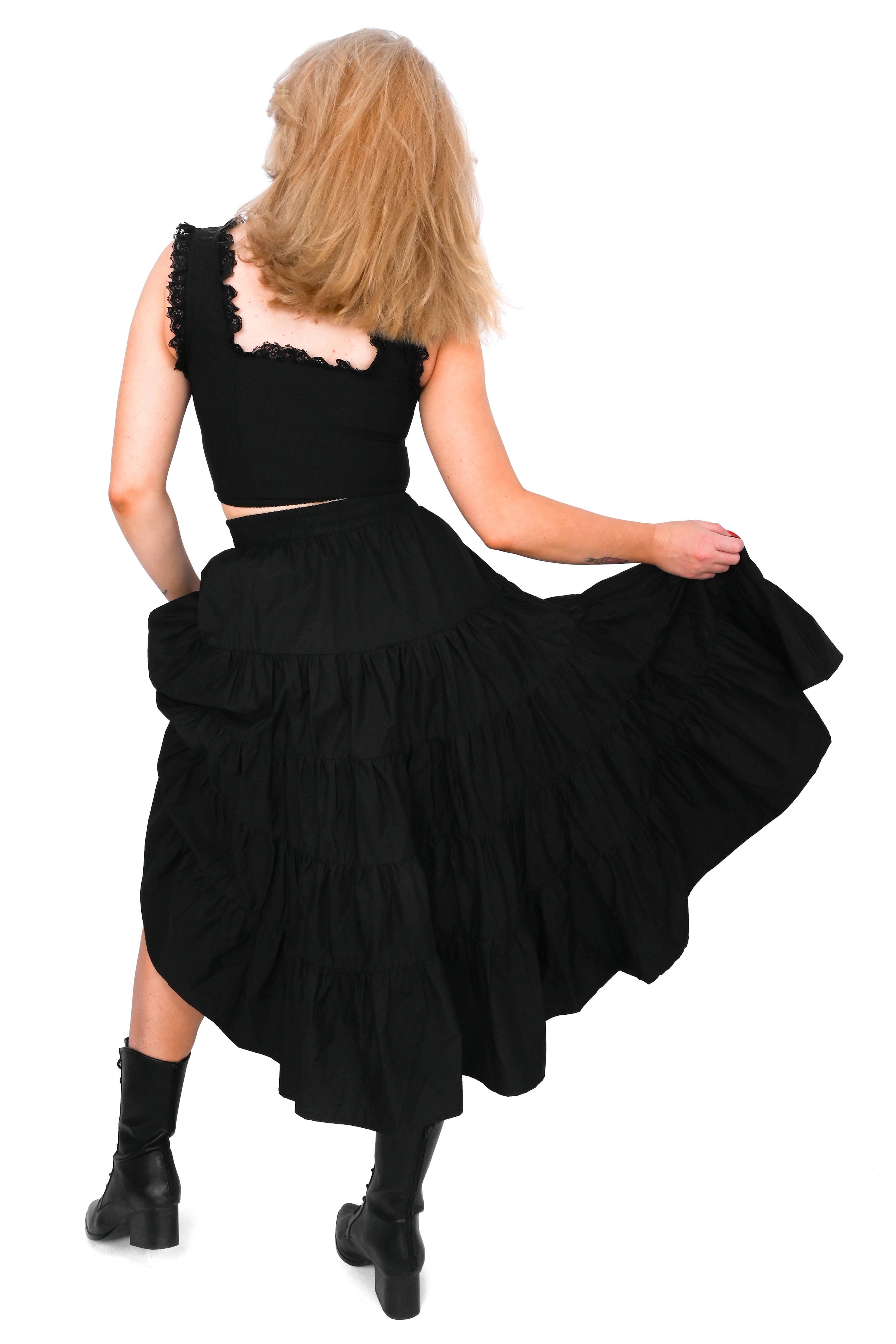 tiered midi skirt with deep pockets