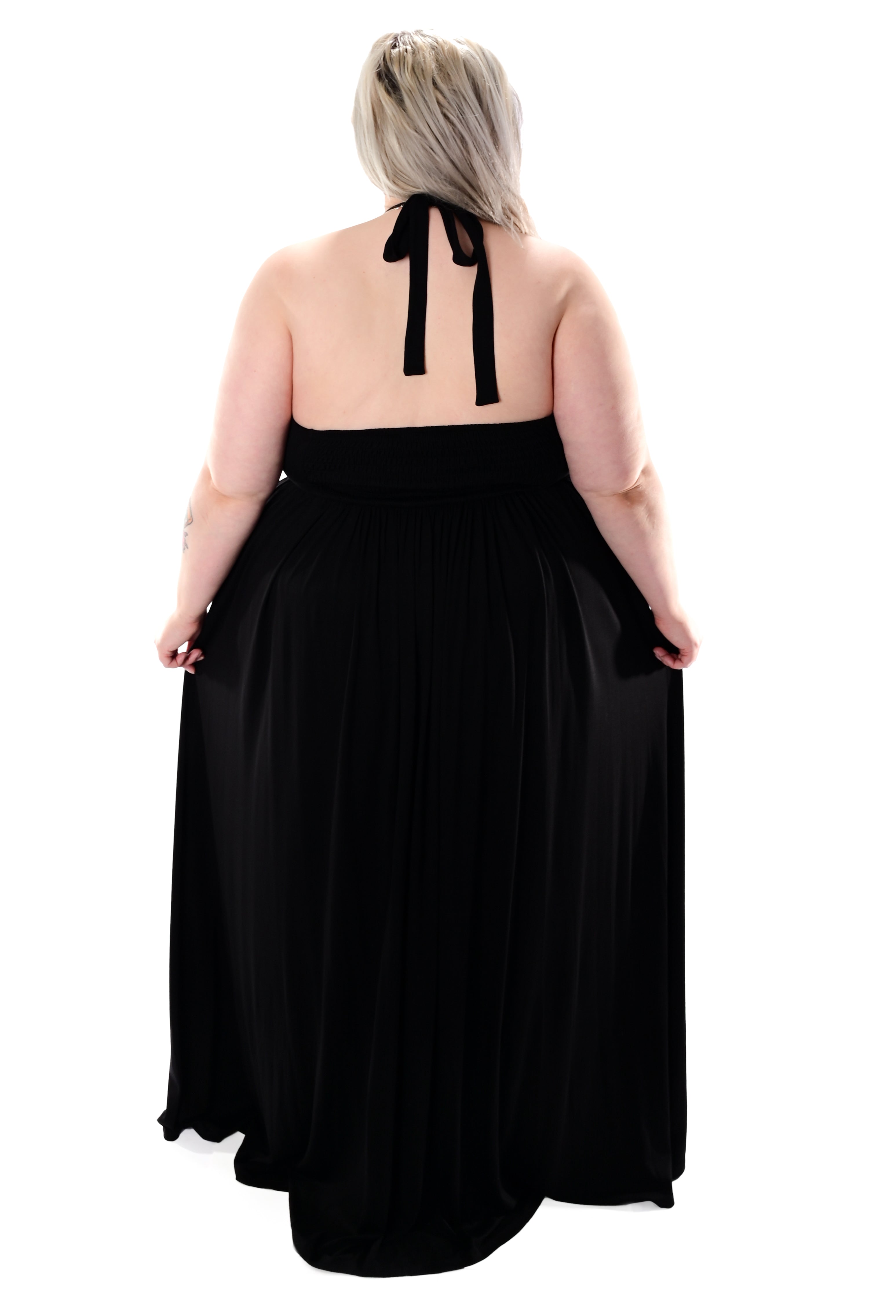 black maxi dress with halter tie straps and princess waistline