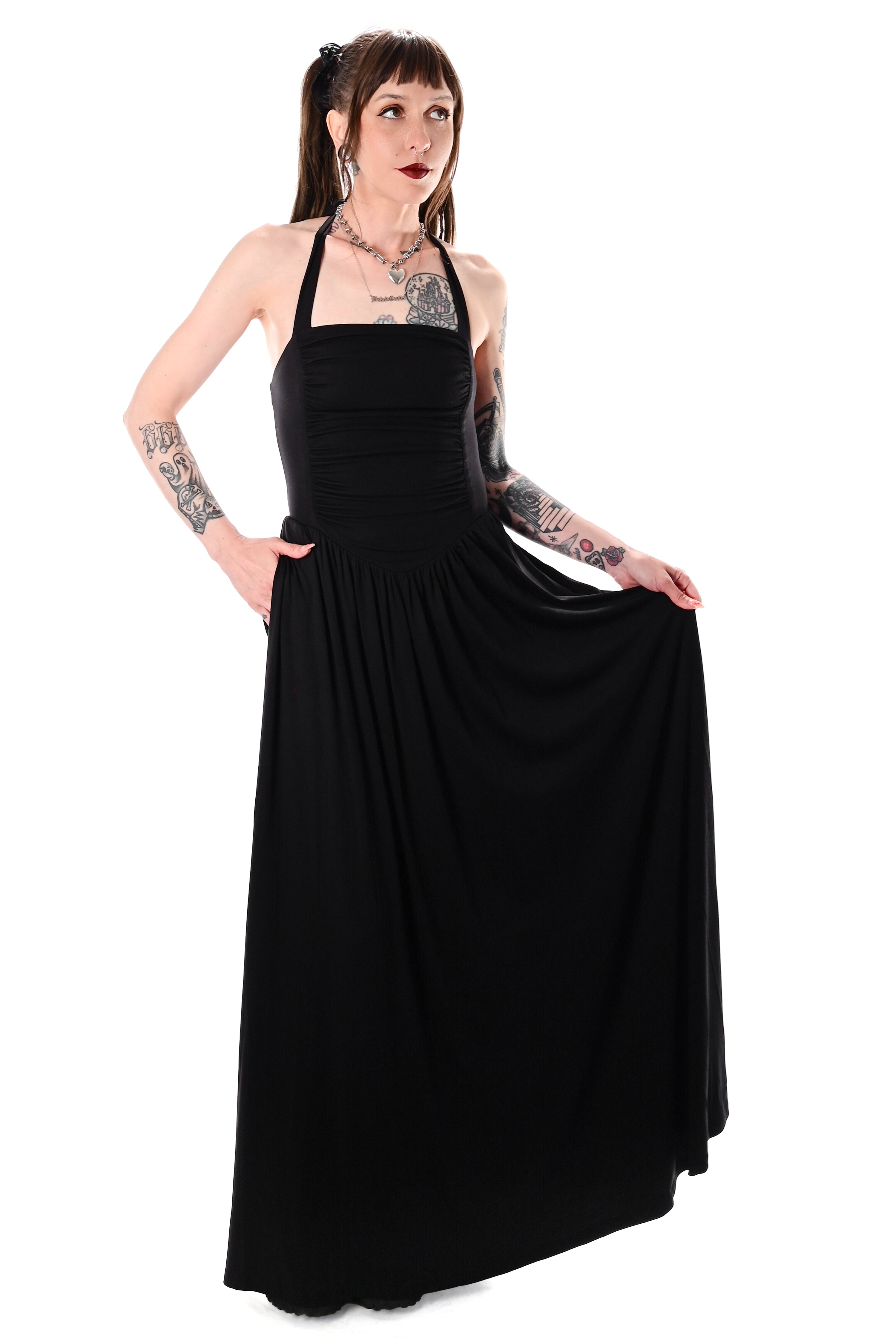 black maxi dress with halter tie straps and princess waistline