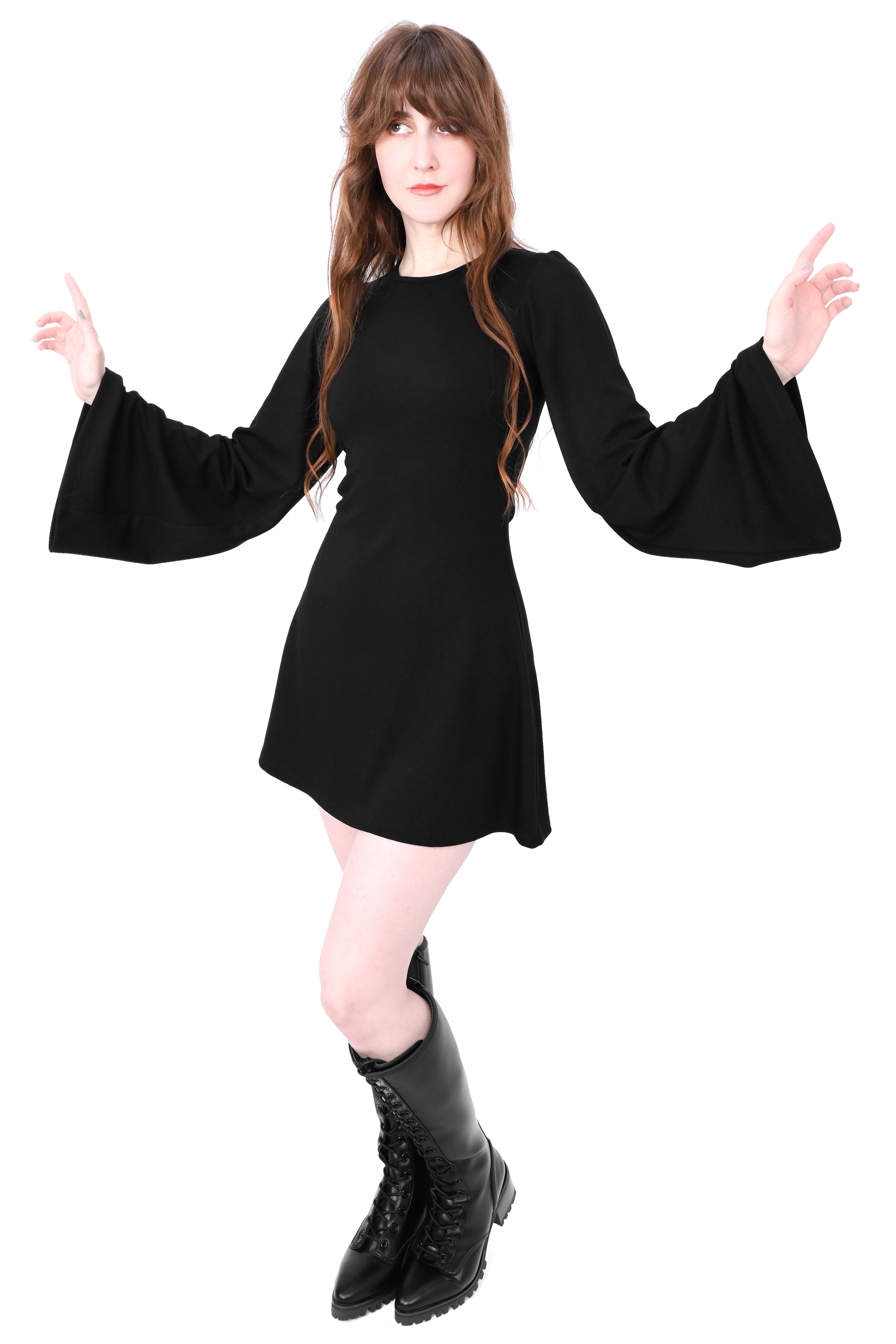 Black long sleeve tunic dress with relaxed, slightly belled sleeves