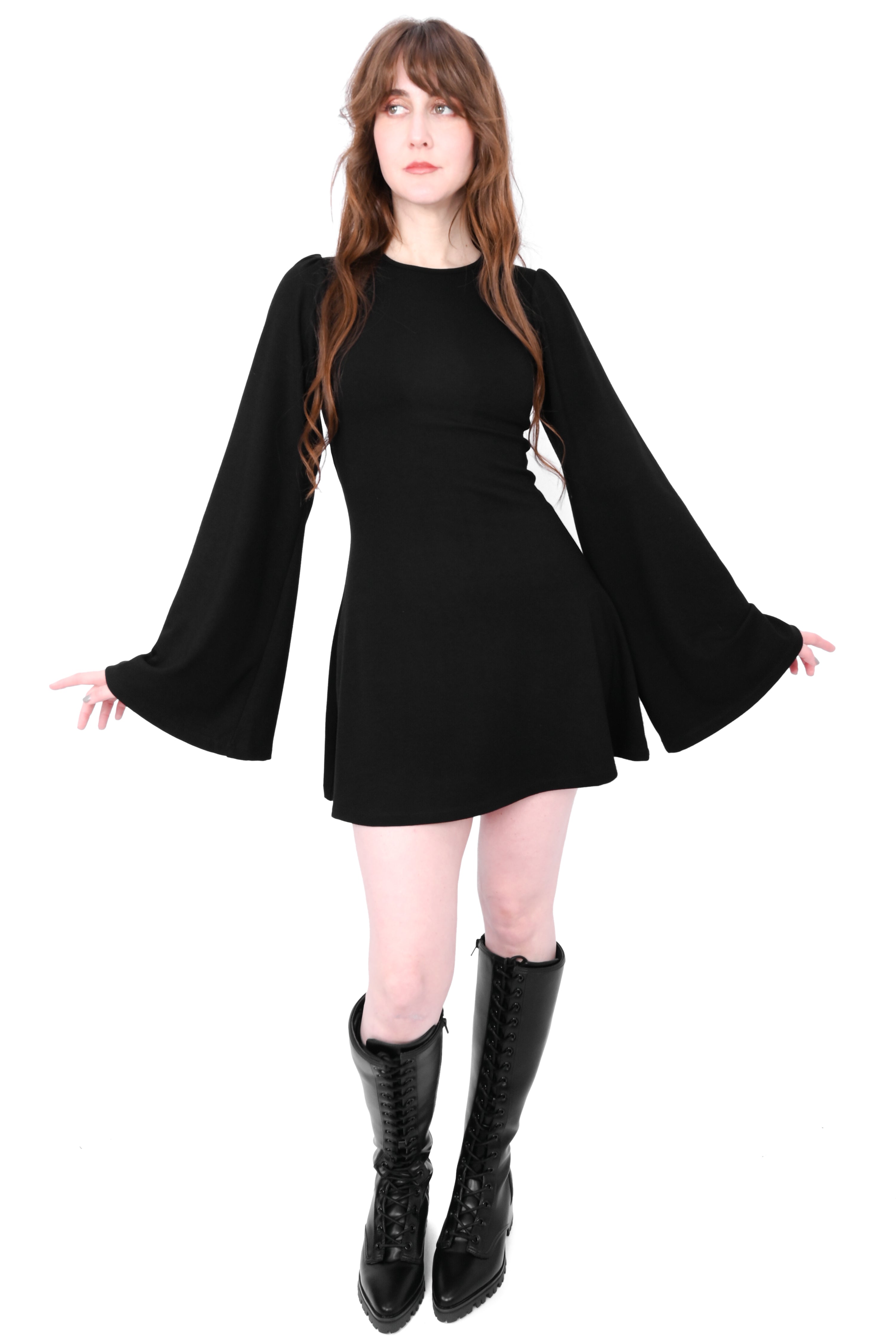 Black long sleeve tunic dress with relaxed, slightly belled sleeves
